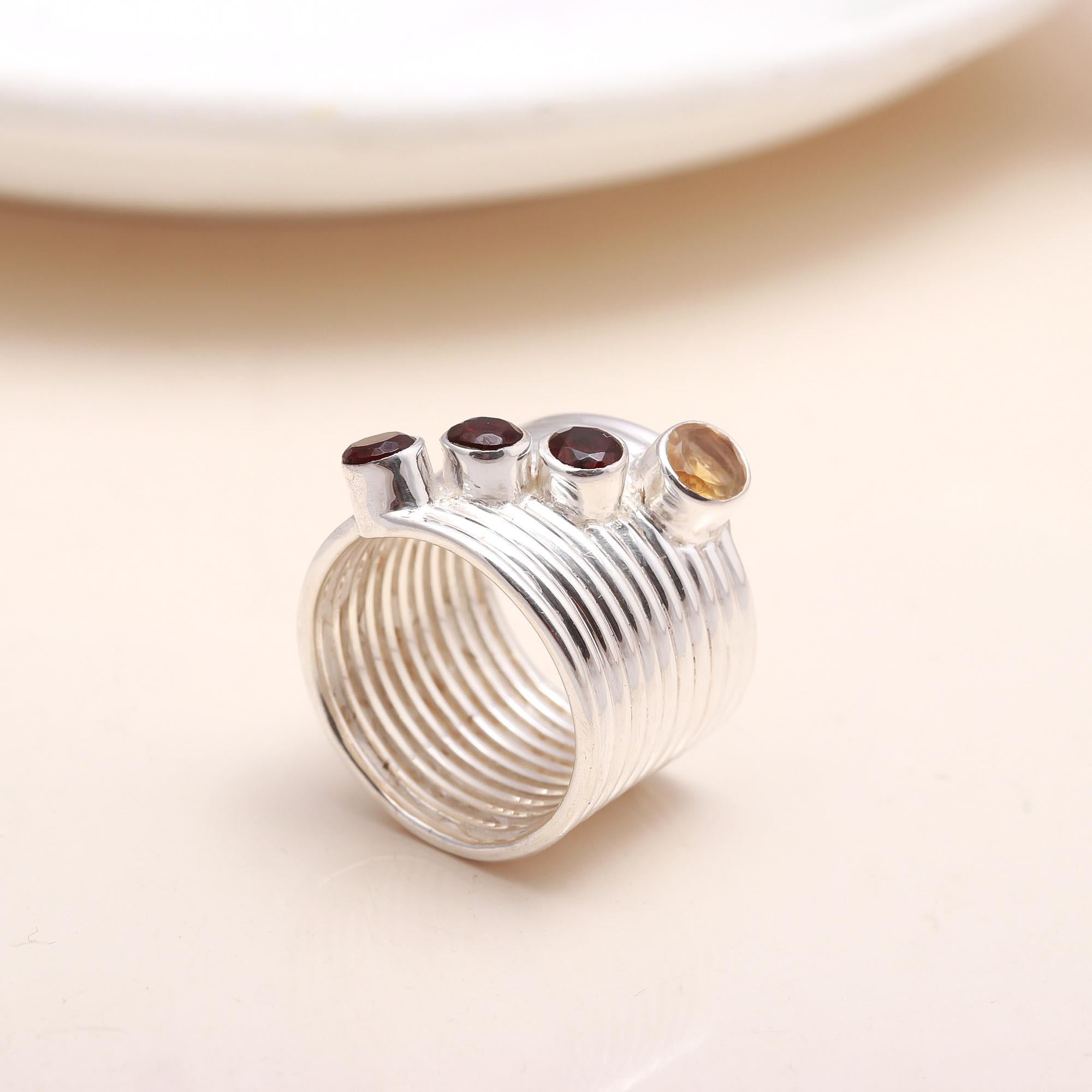 Handmade sterling silver wide band ring with gemstones