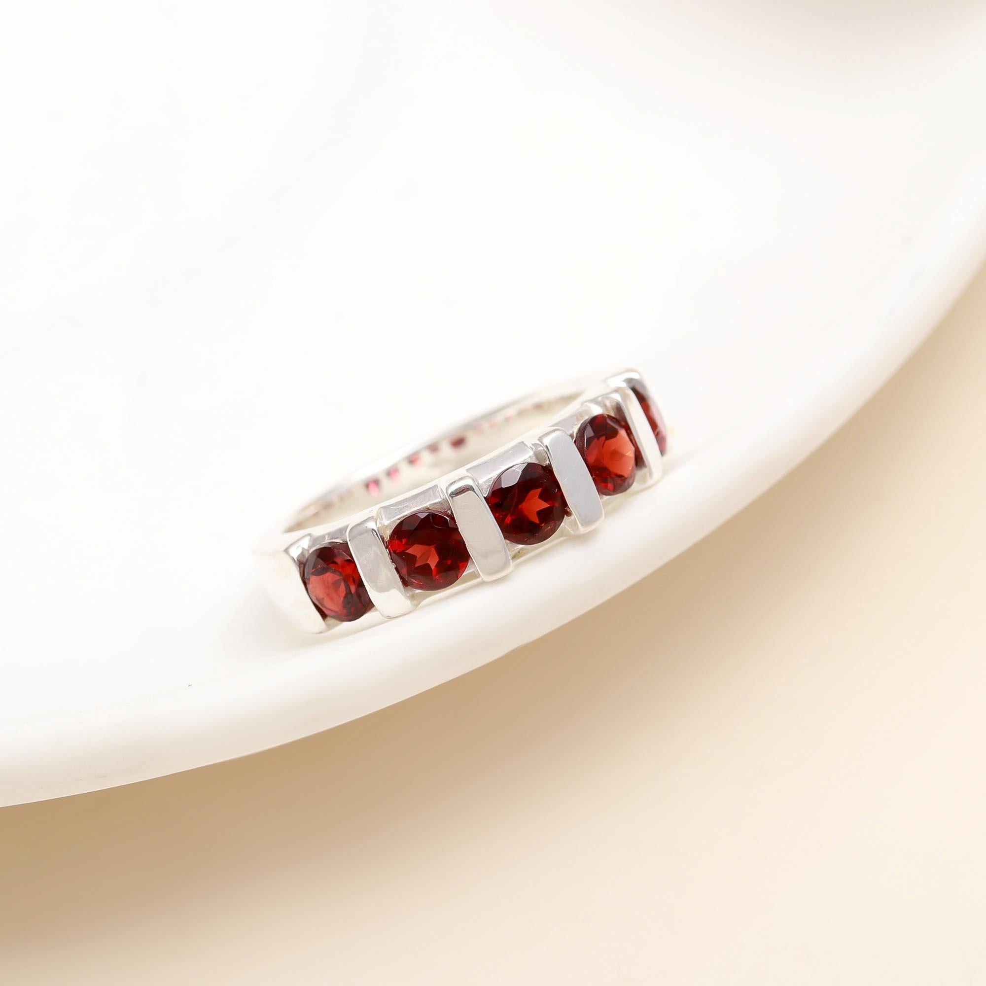 925 Silver Garnet Half Eternity Band Ring front view