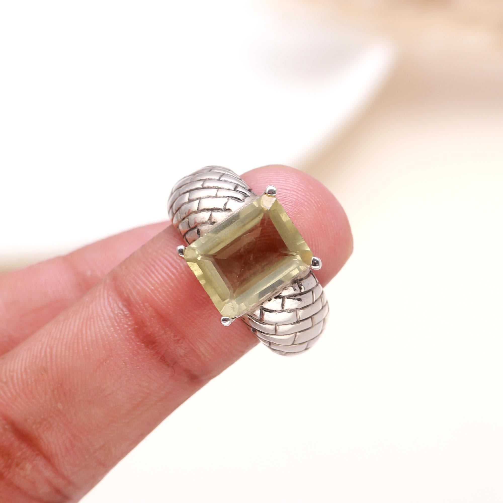 Elegant lemon quartz square stone ring on finger