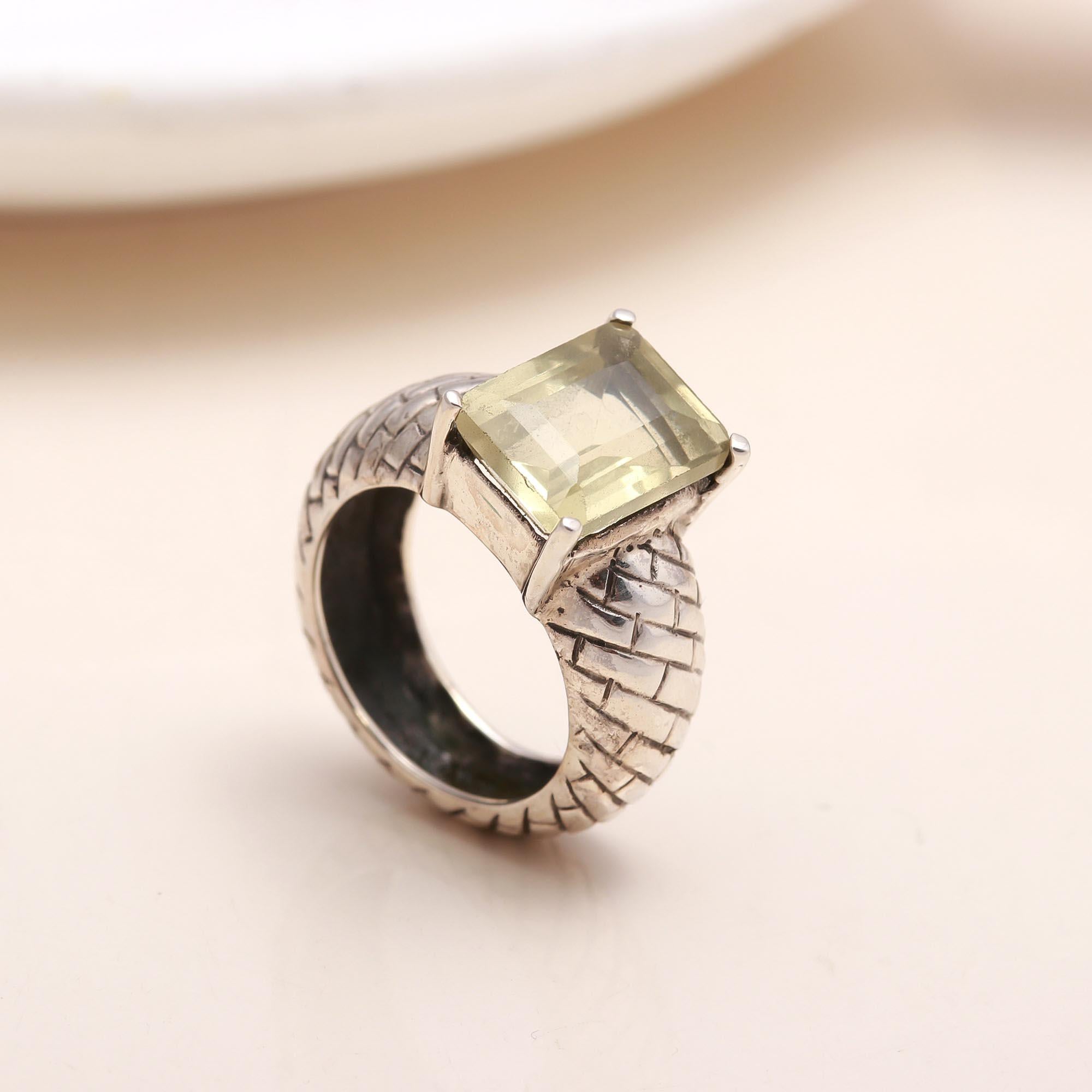 Handmade sterling silver textured ring with lemon quartz
