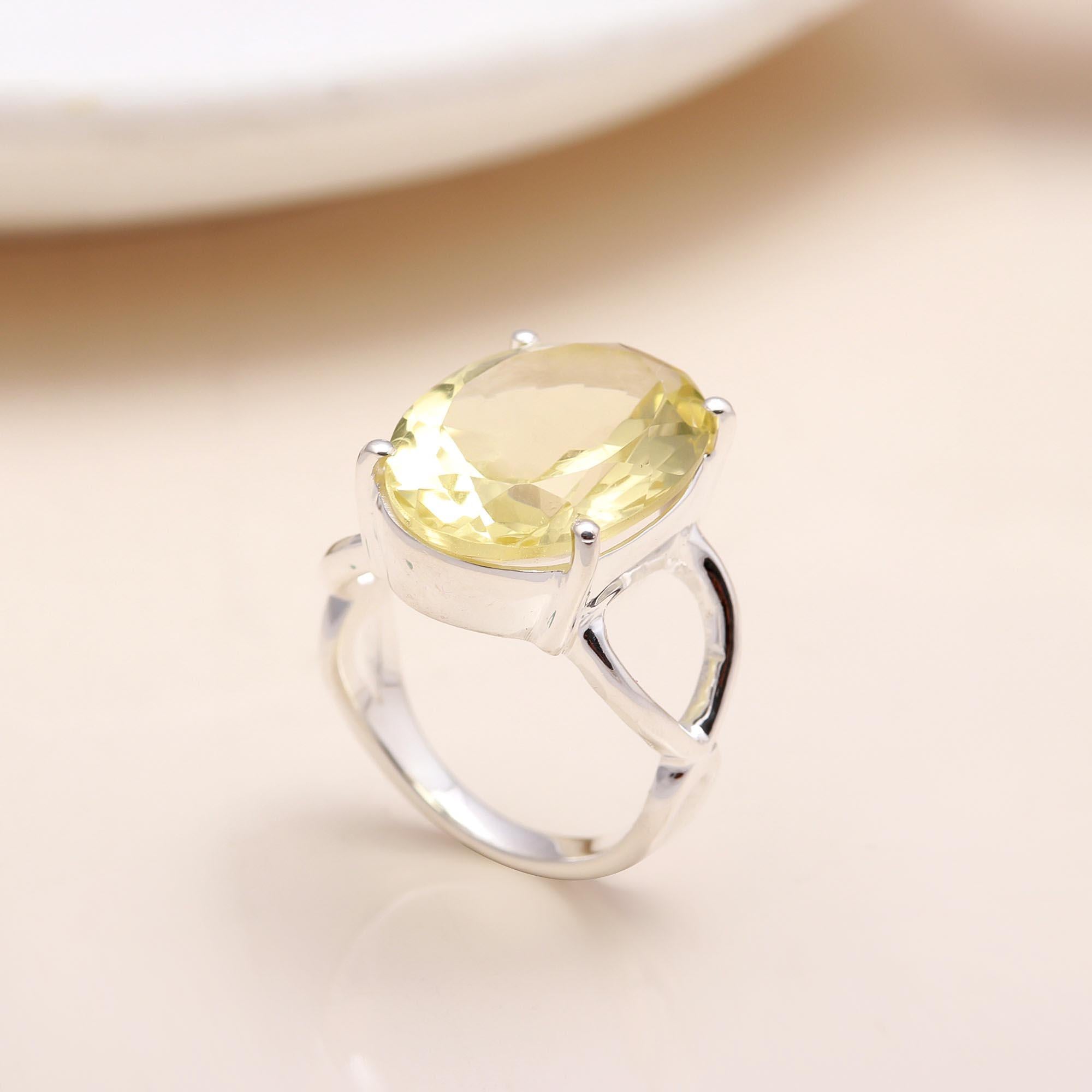 Handmade sterling silver statement ring with lemon quartz