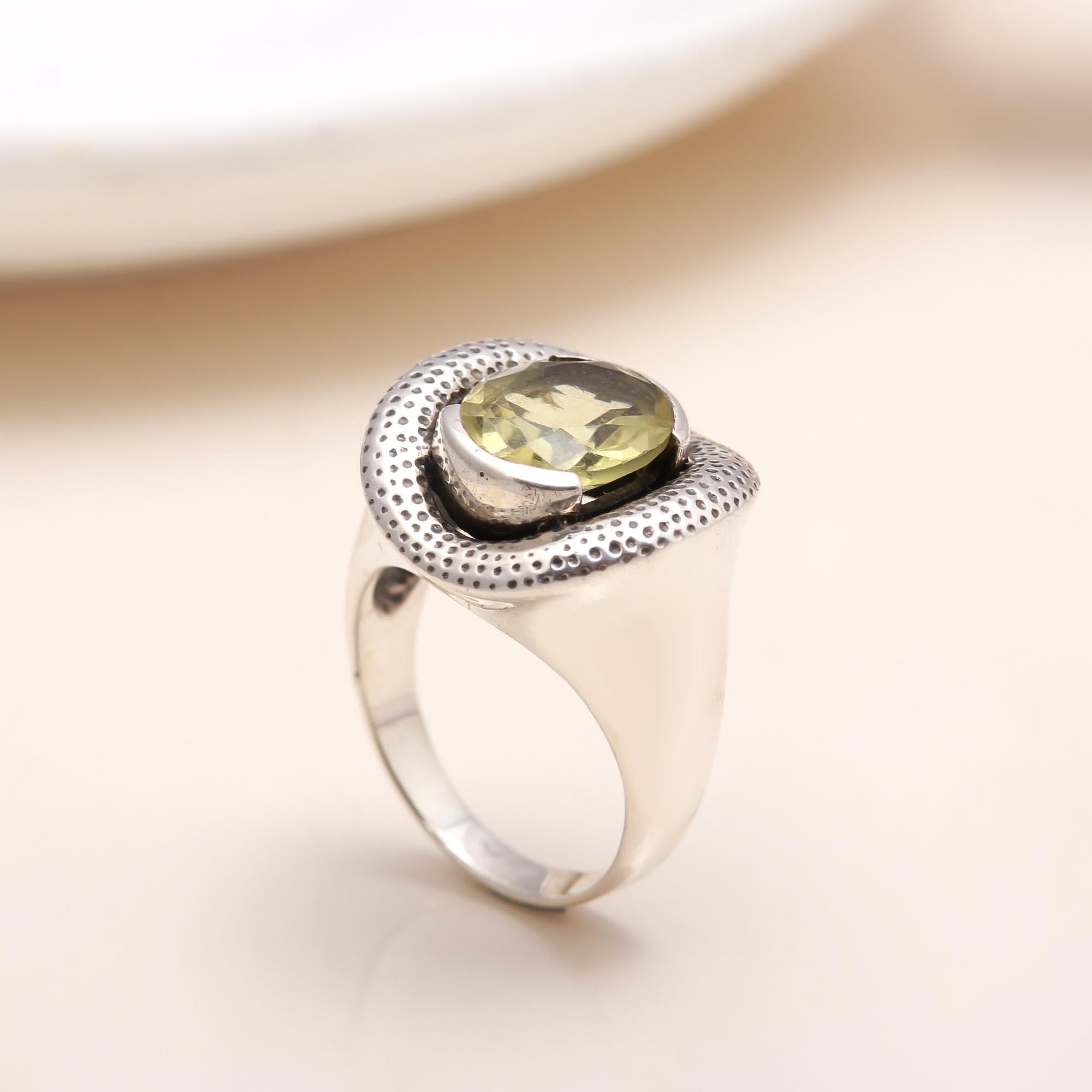 Handmade sterling silver textured ring with lemon quartz