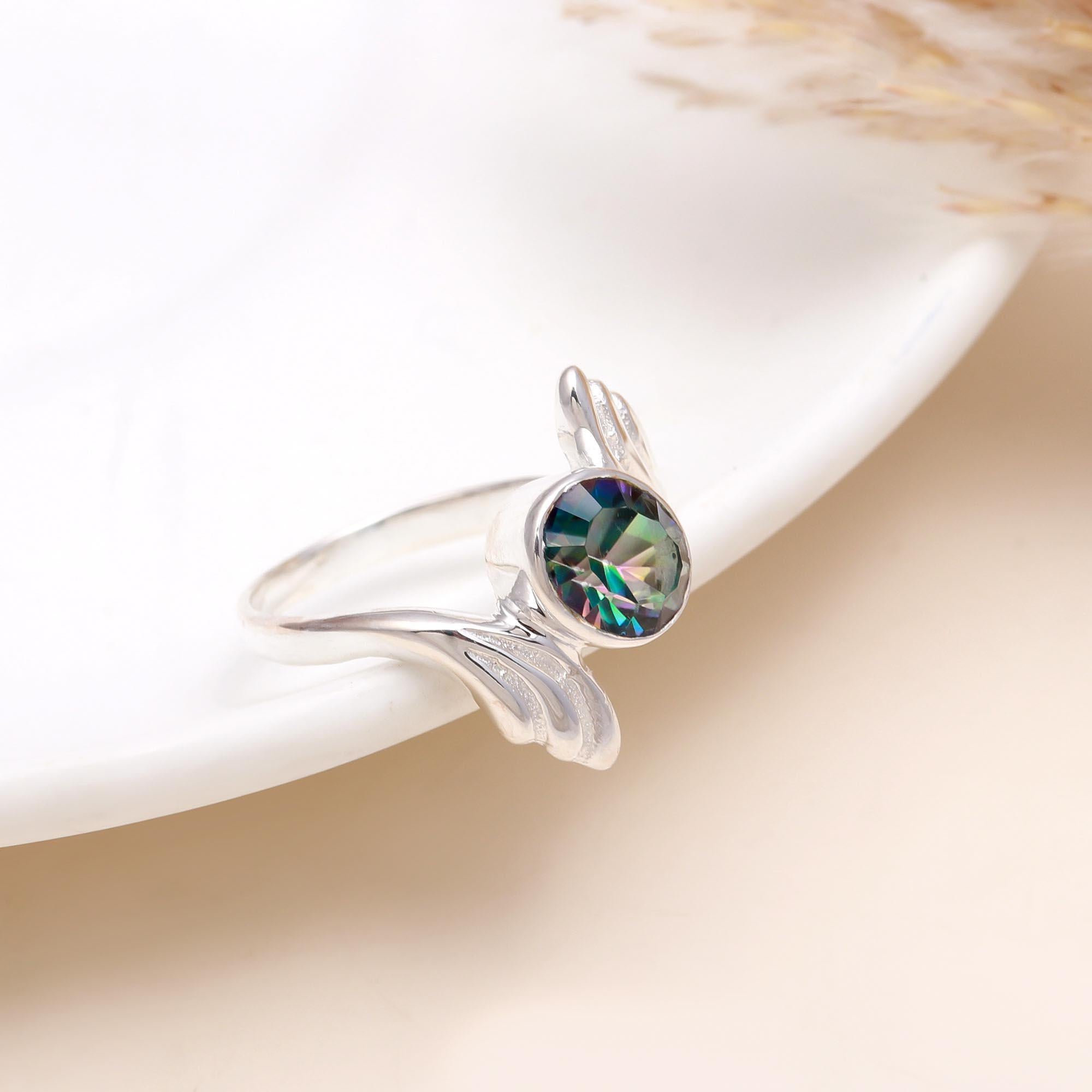 925 Silver Oval Mystic Topaz Open Wing Ring front view