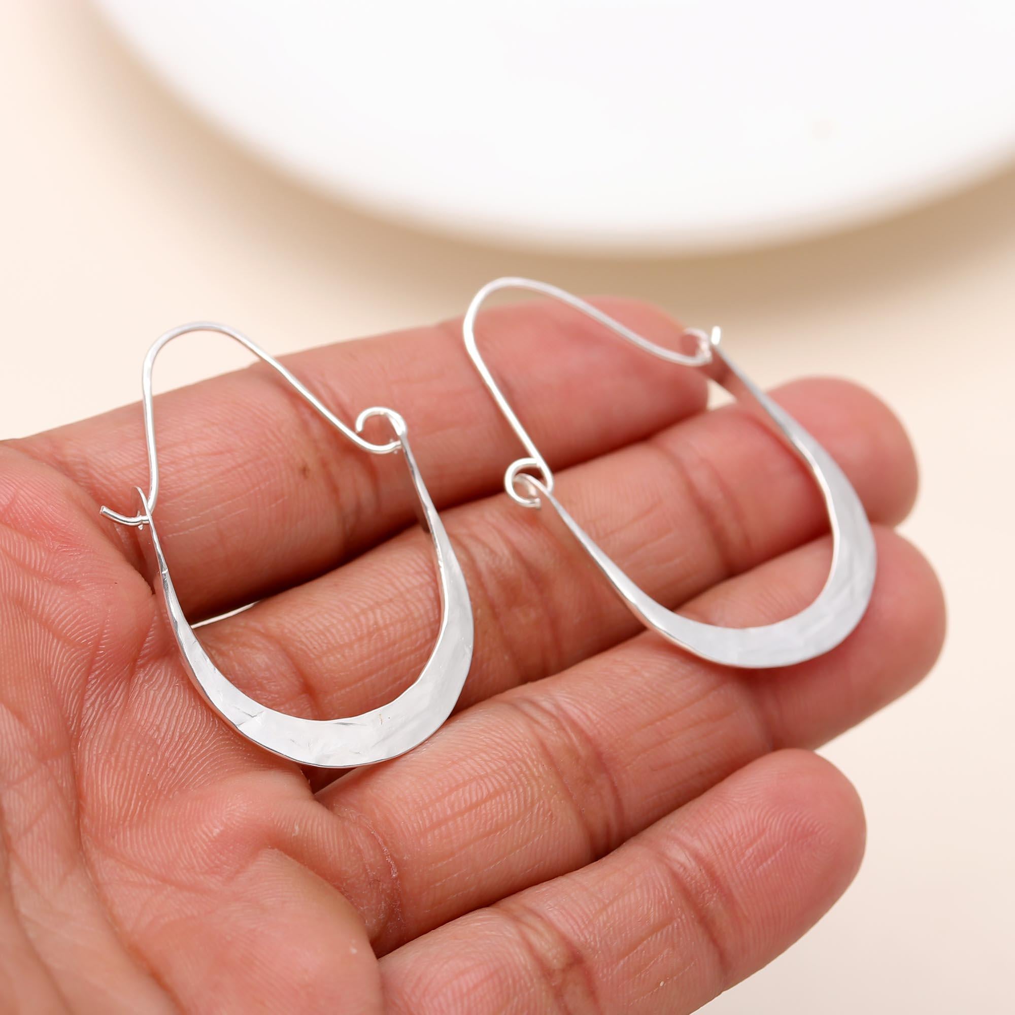 925 Silver Hammered Crescent Hoop Earrings