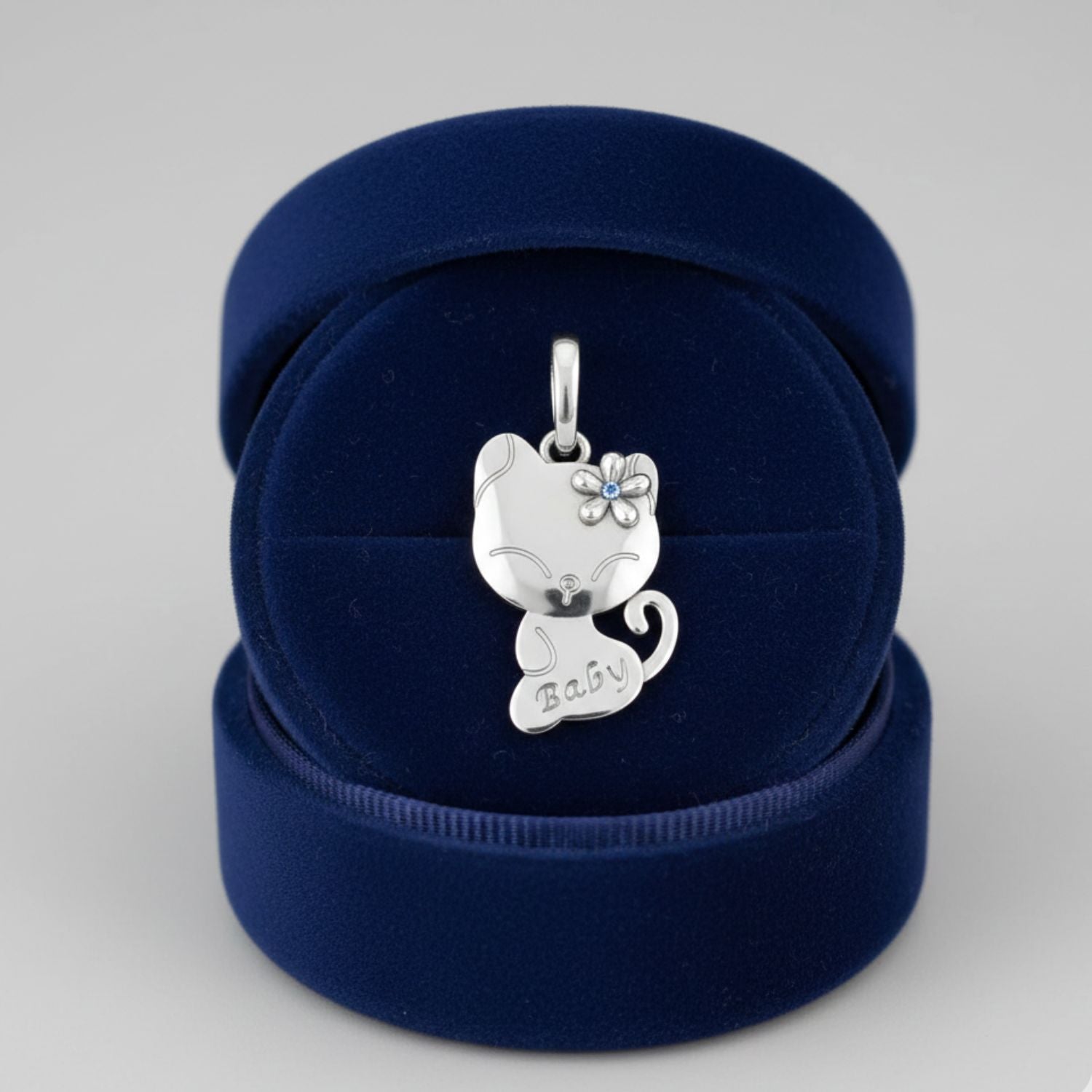 925 Sterling Silver Cute Cat Baby Engraved Pendant with Flower Charm for Kids & Women