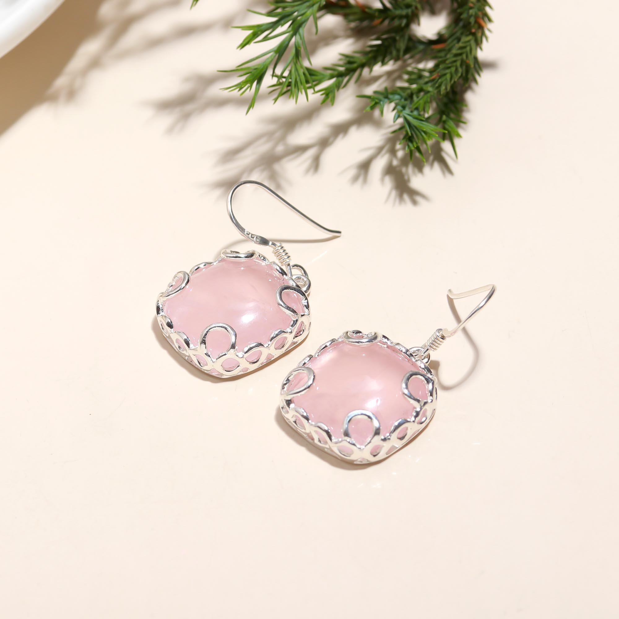 925 Silver Rose Quartz Dangle Earrings