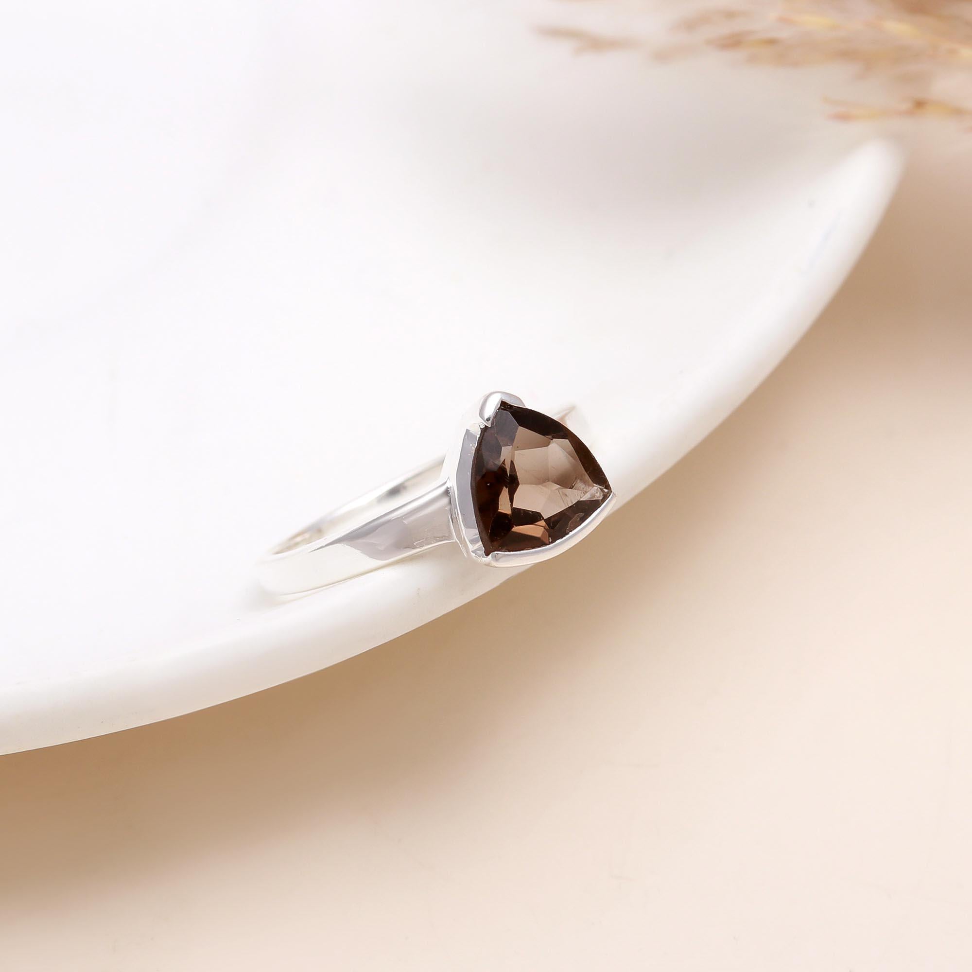 925 Silver Trillion Cut Smoky Quartz Solitaire Ring front view