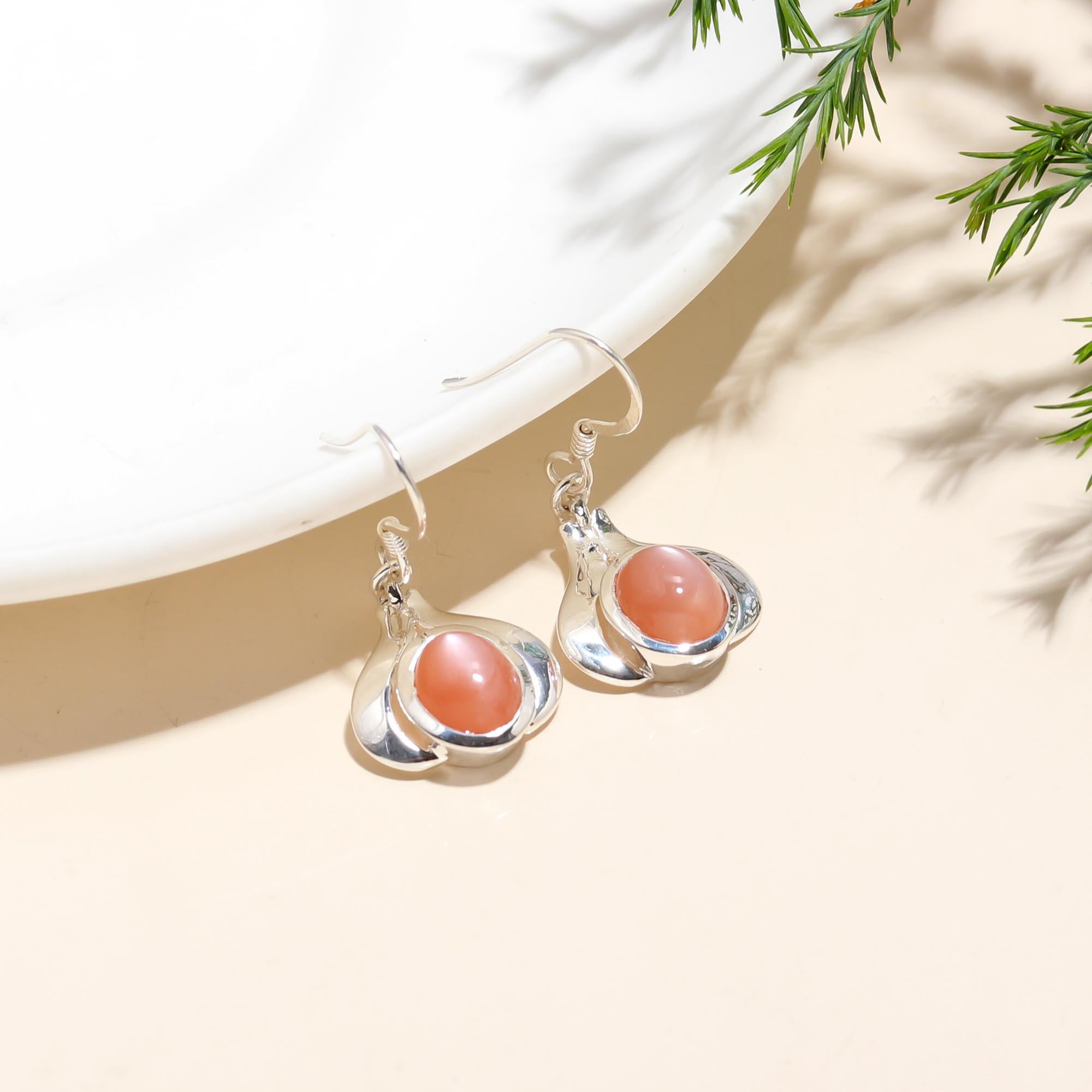 925 Silver Pink Cat Eye Dangle Earrings