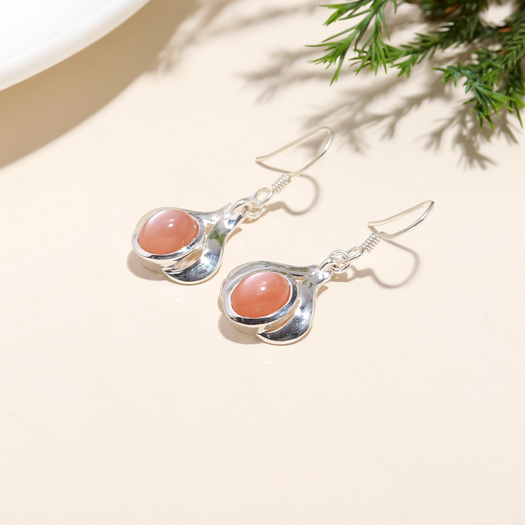 925 Silver Pink Cat Eye Dangle Earrings
