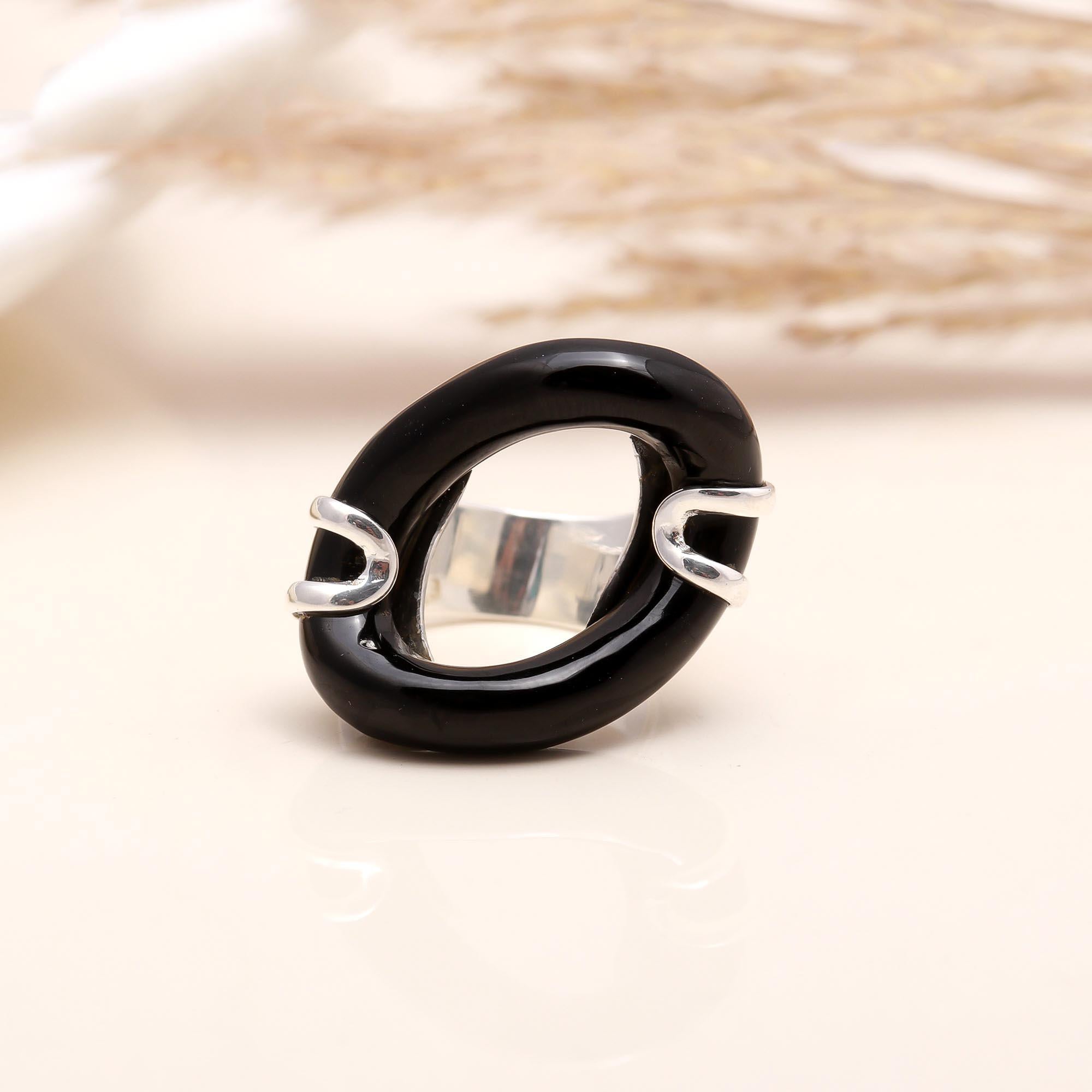 Handmade bold black enamel silver ring