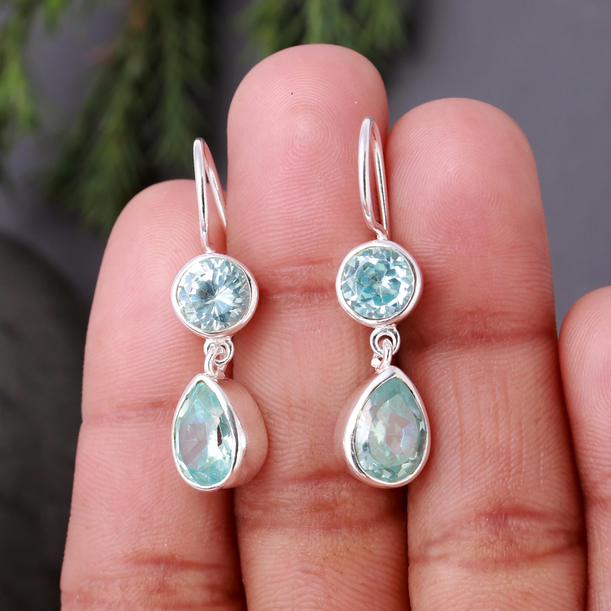 925 Silver Aqua Blue Topaz Teardrop Dangle Earrings