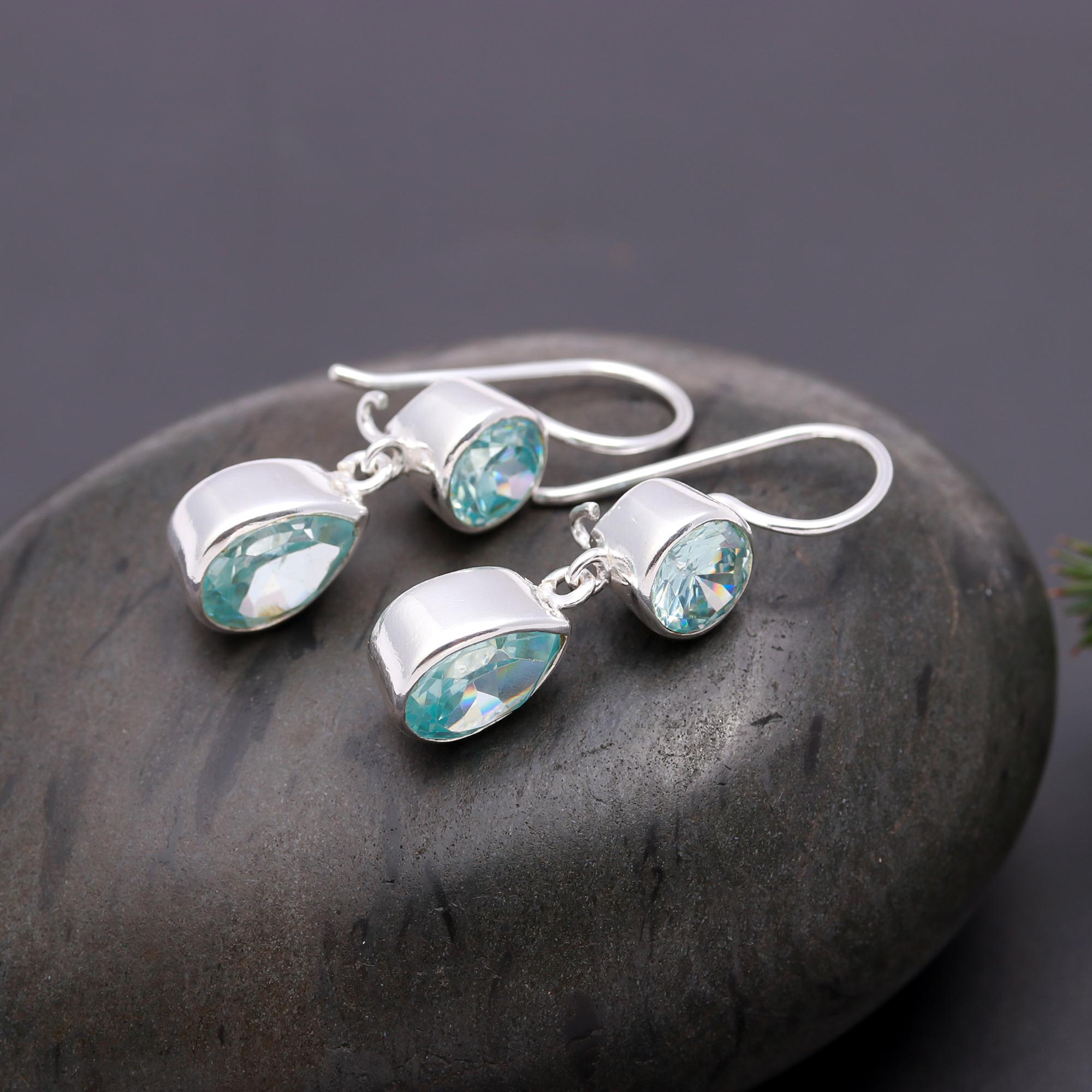 925 Silver Aqua Blue Topaz Teardrop Dangle Earrings