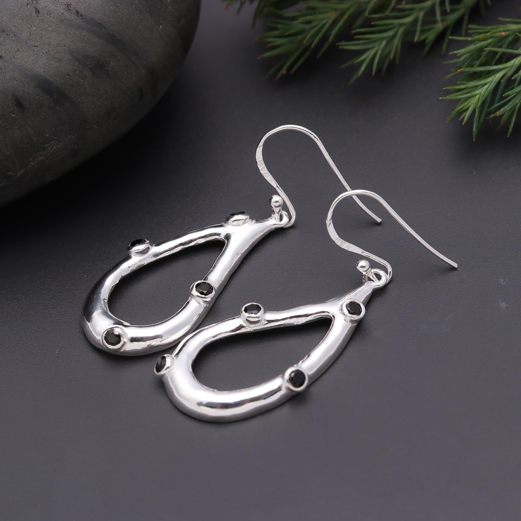 925 Silver Black Spinel Teardrop Dangle Earrings