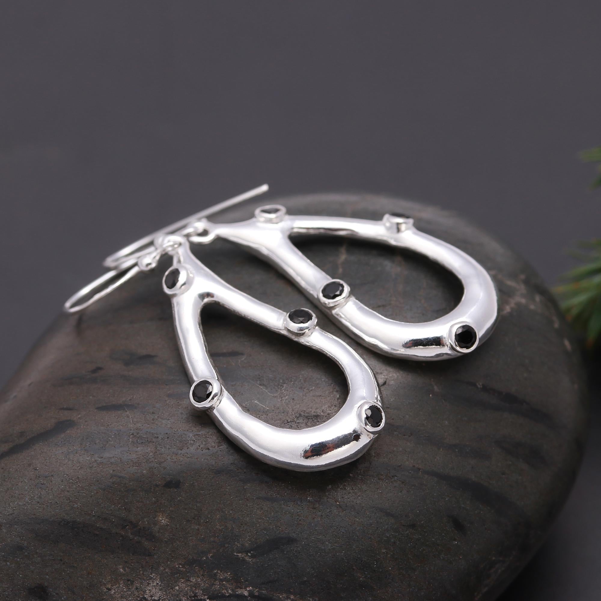 925 Silver Black Spinel Teardrop Dangle Earrings