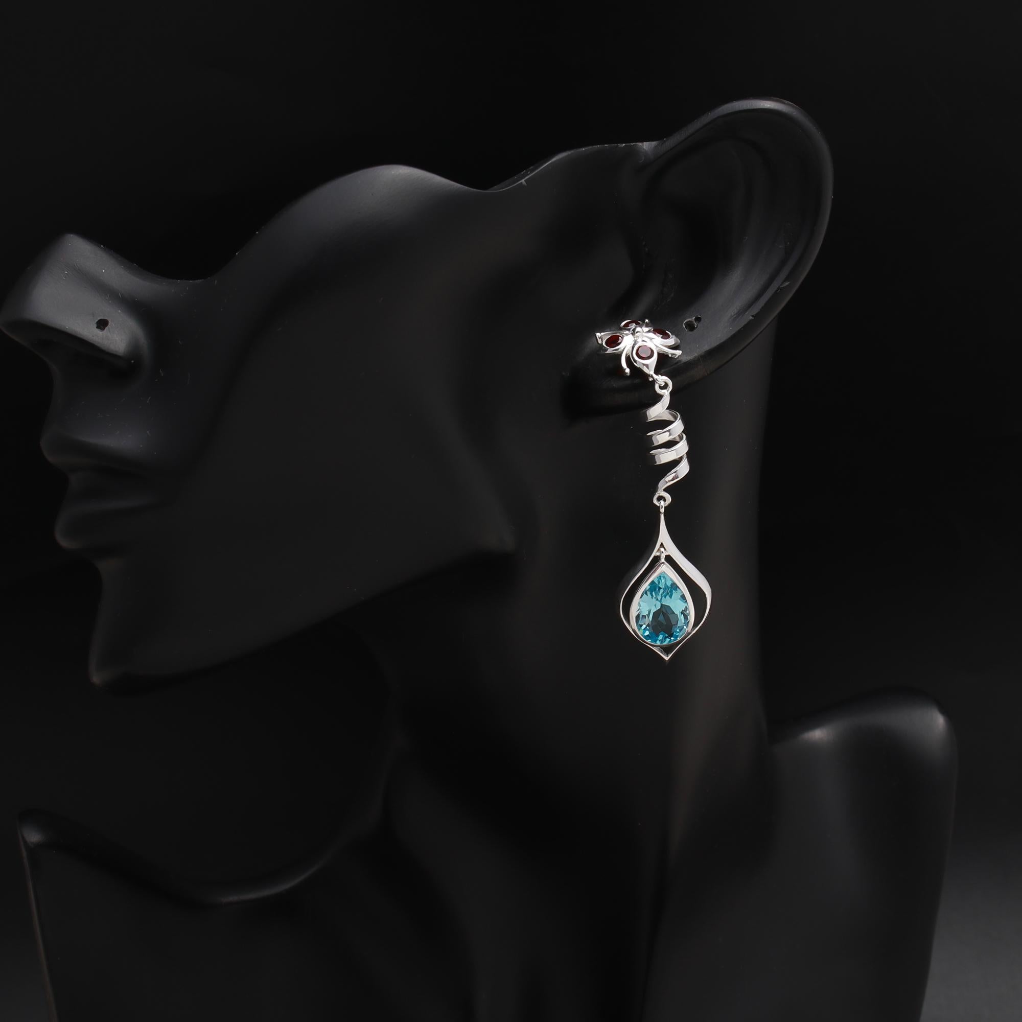 925 Silver Blue Topaz & Garnet Drop Earrings