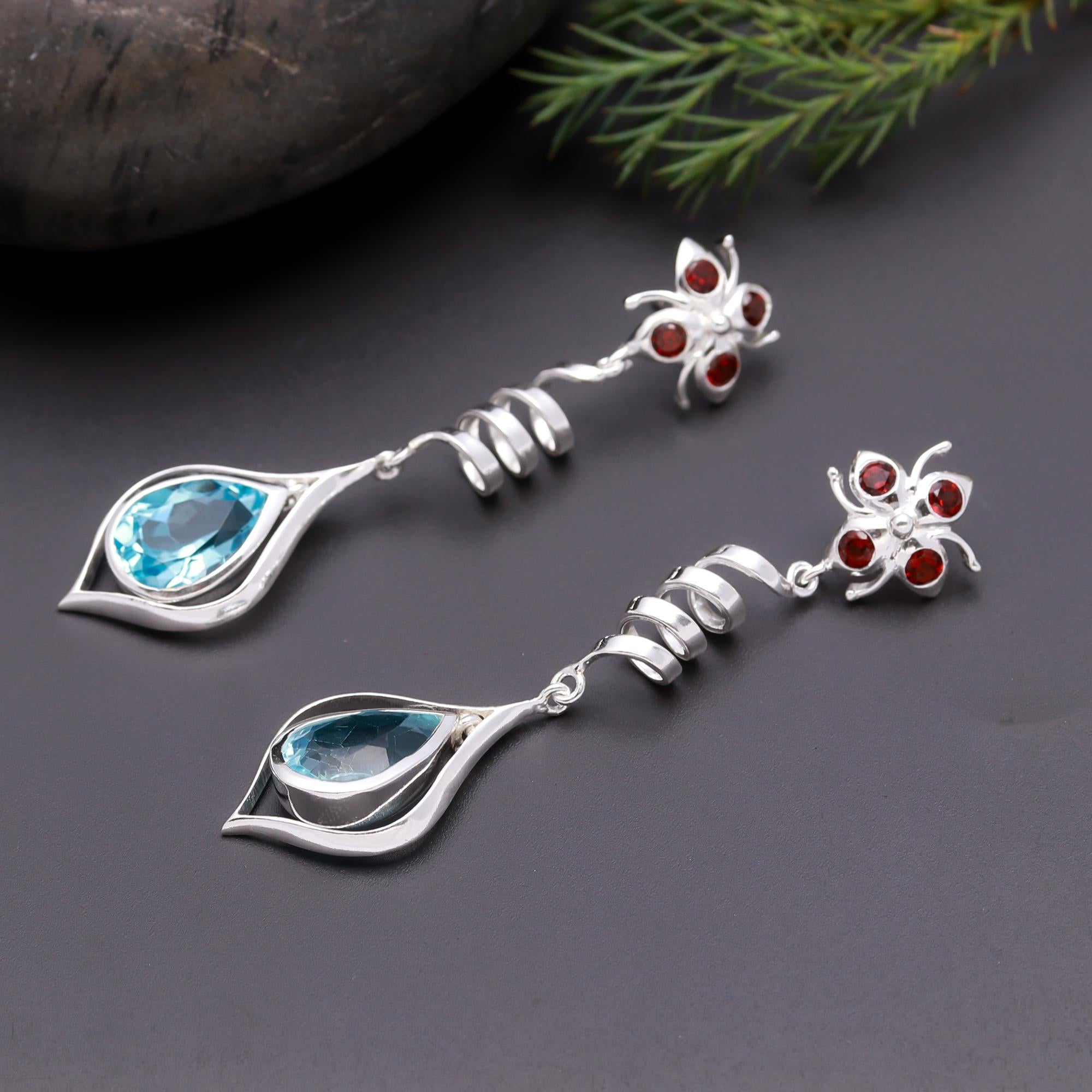 925 Silver Blue Topaz & Garnet Drop Earrings