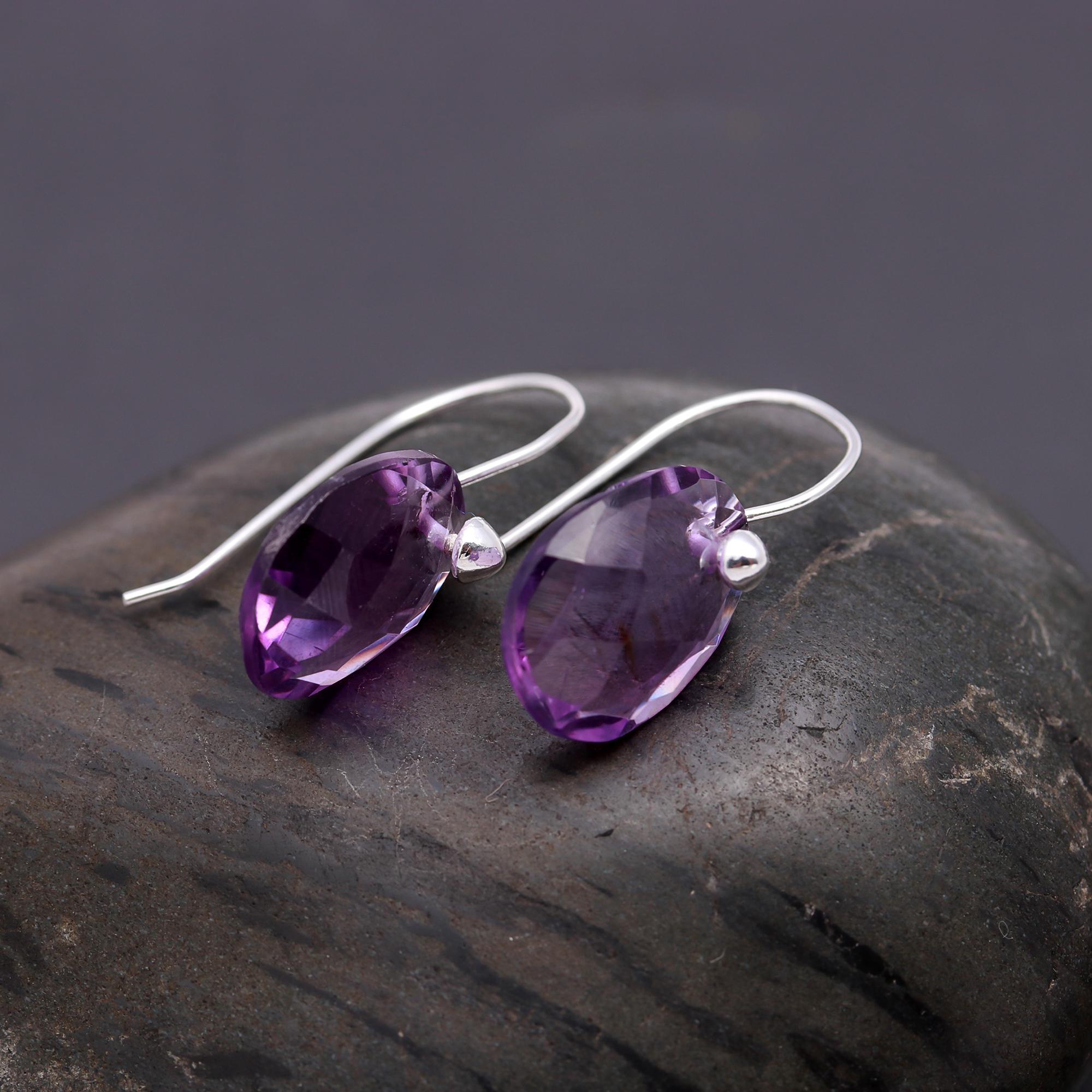 925 Silver Faceted Amethyst Dangle Earrings