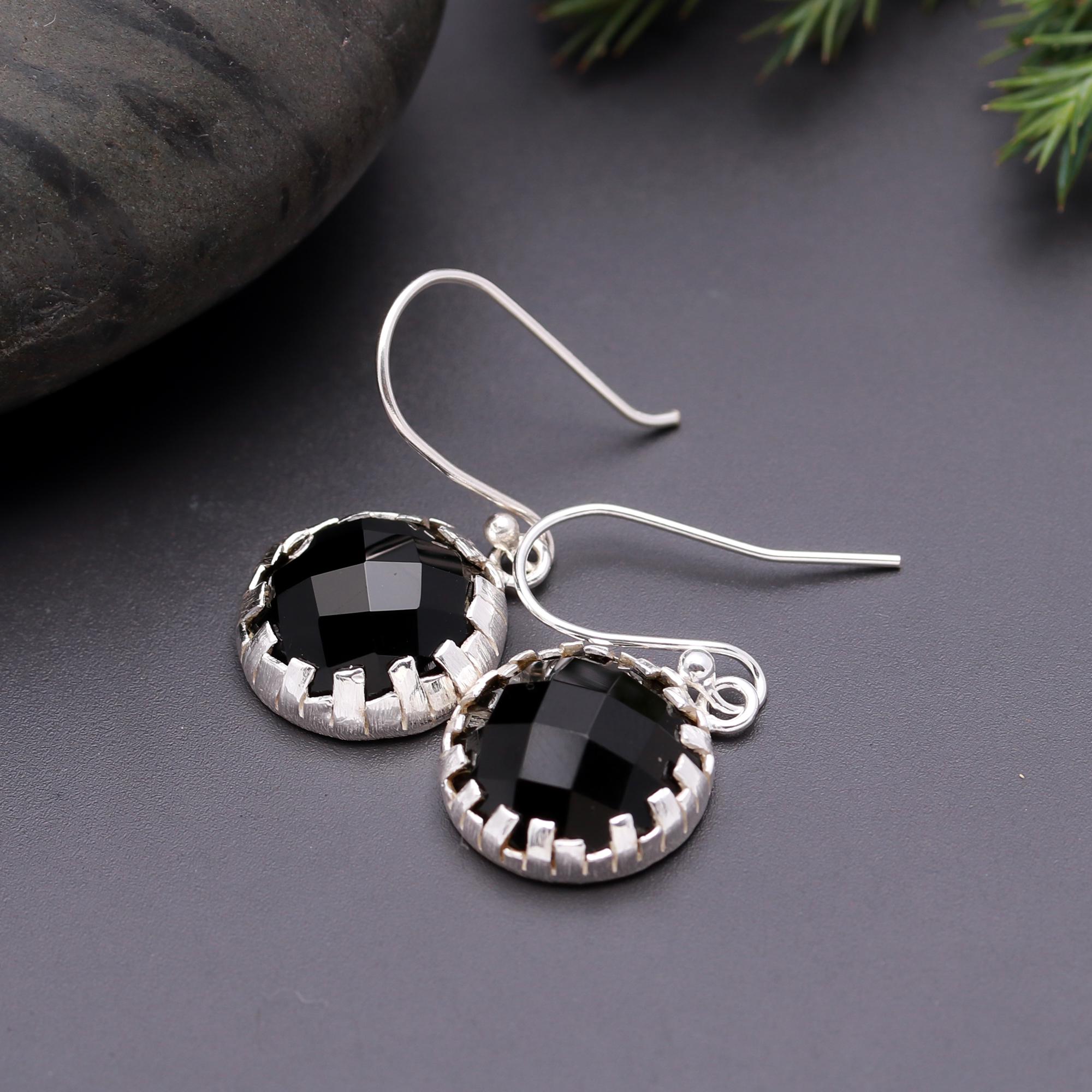 925 Silver Faceted Black Onyx Dangle Earrings