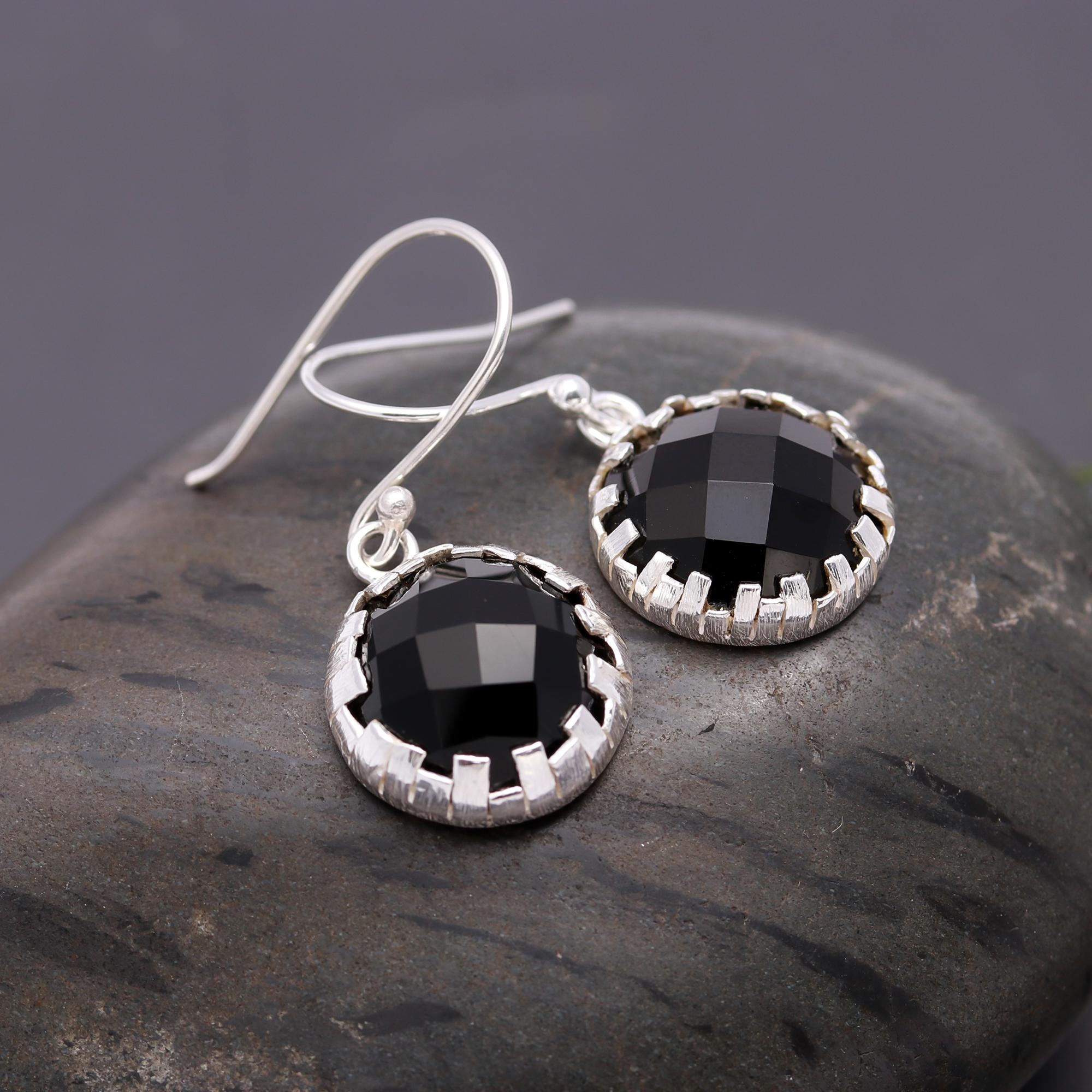 925 Silver Faceted Black Onyx Dangle Earrings