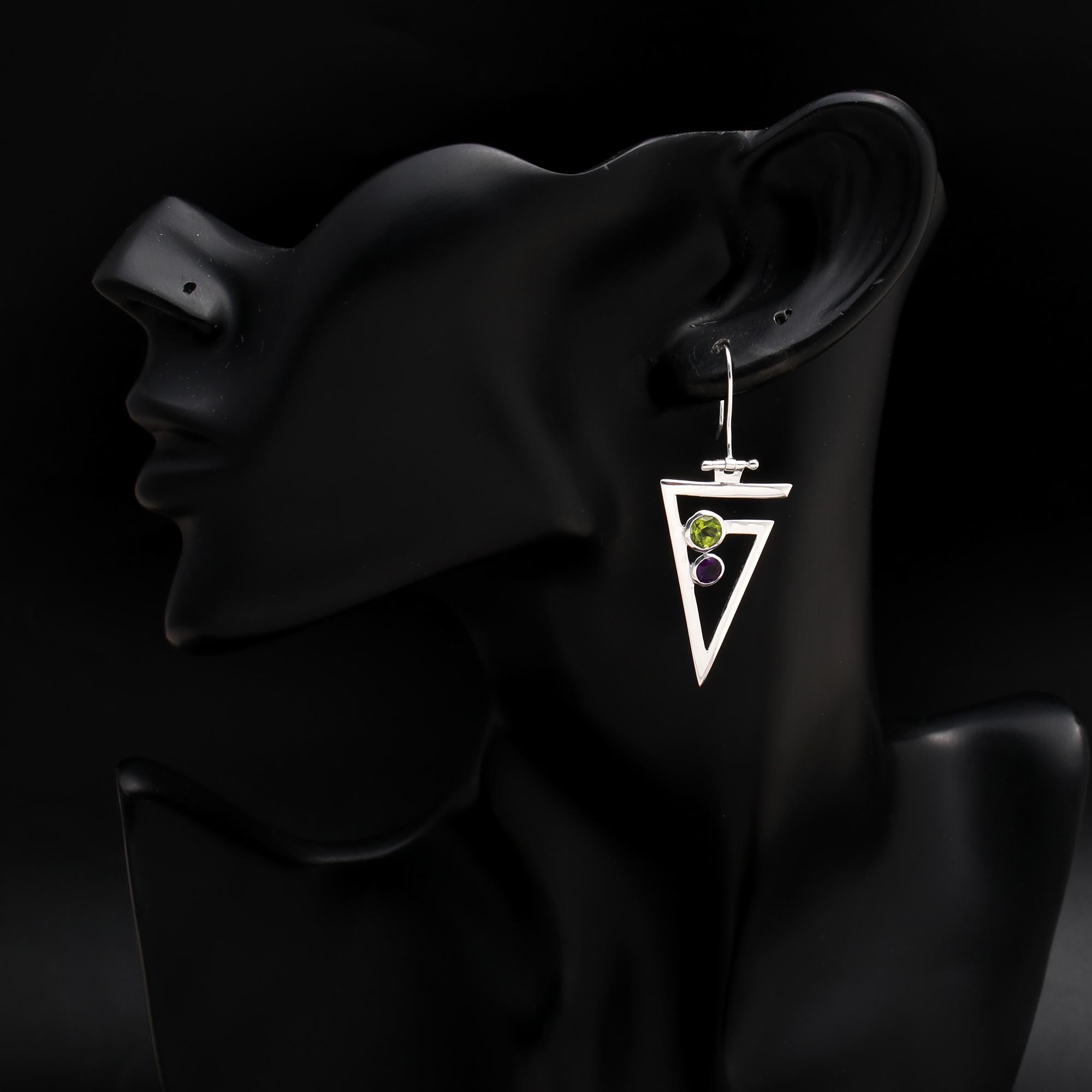 925 Silver Peridot and Amethyst Dangle Earrings