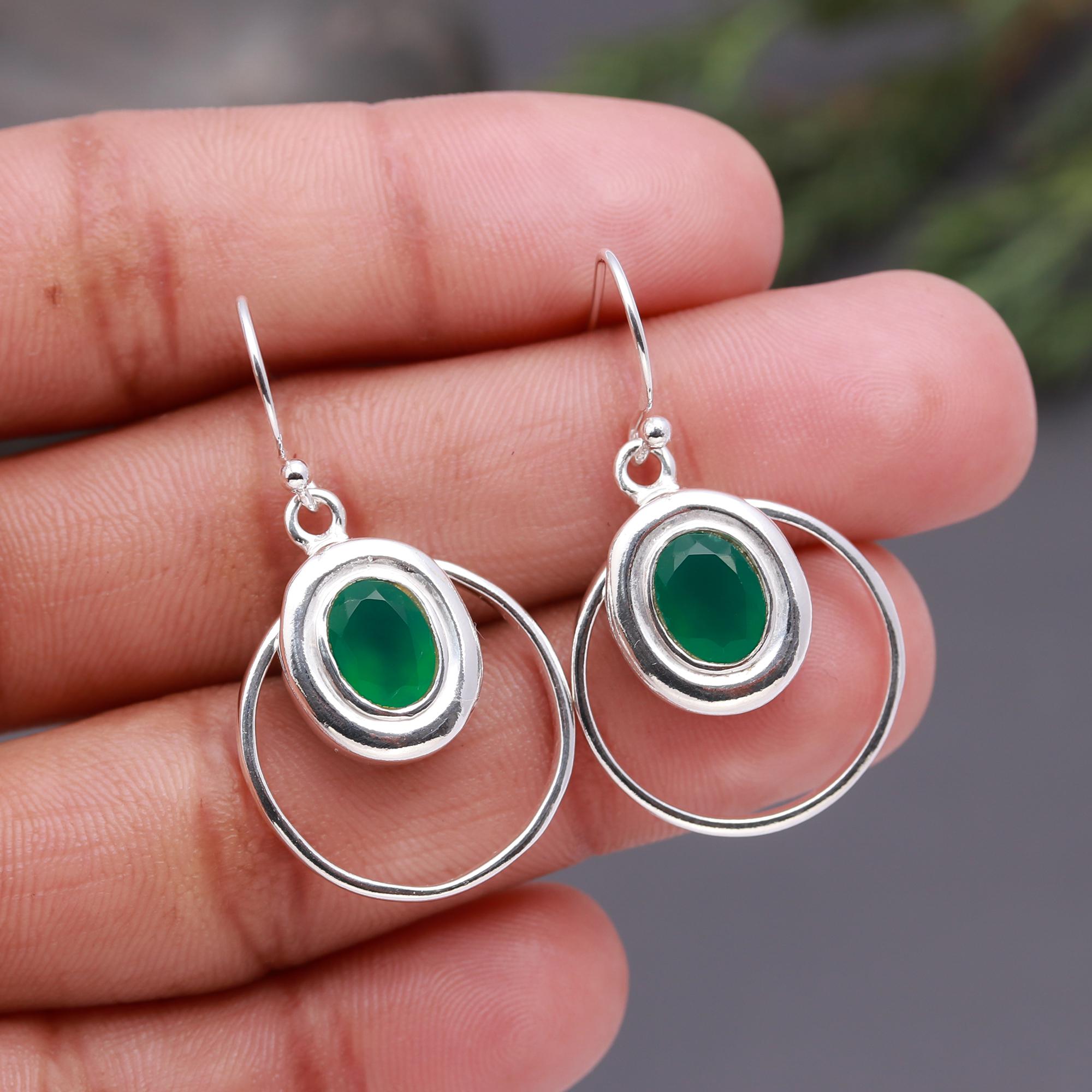 925 Silver Green Onyx Oval Dangle Earrings