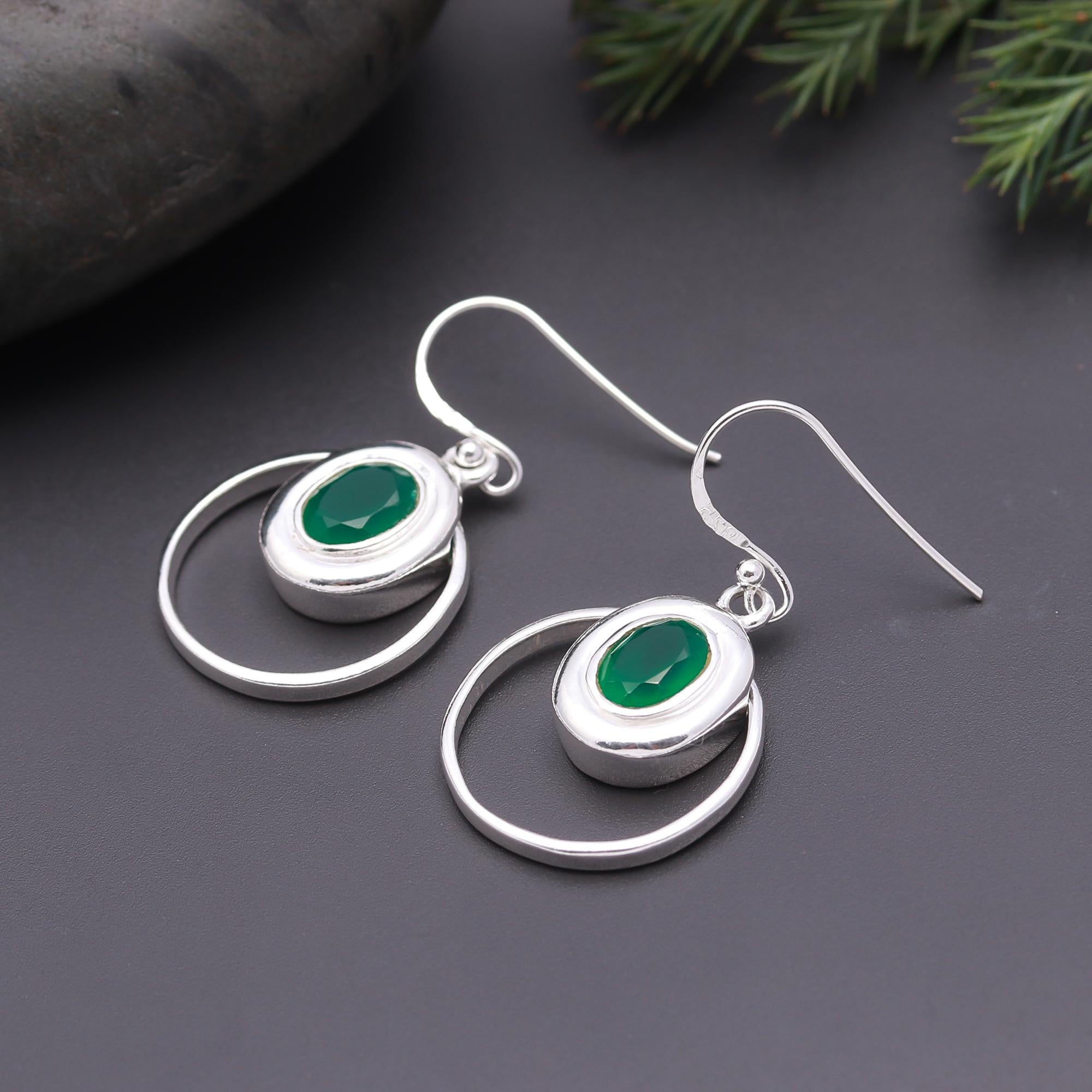 925 Silver Green Onyx Oval Dangle Earrings