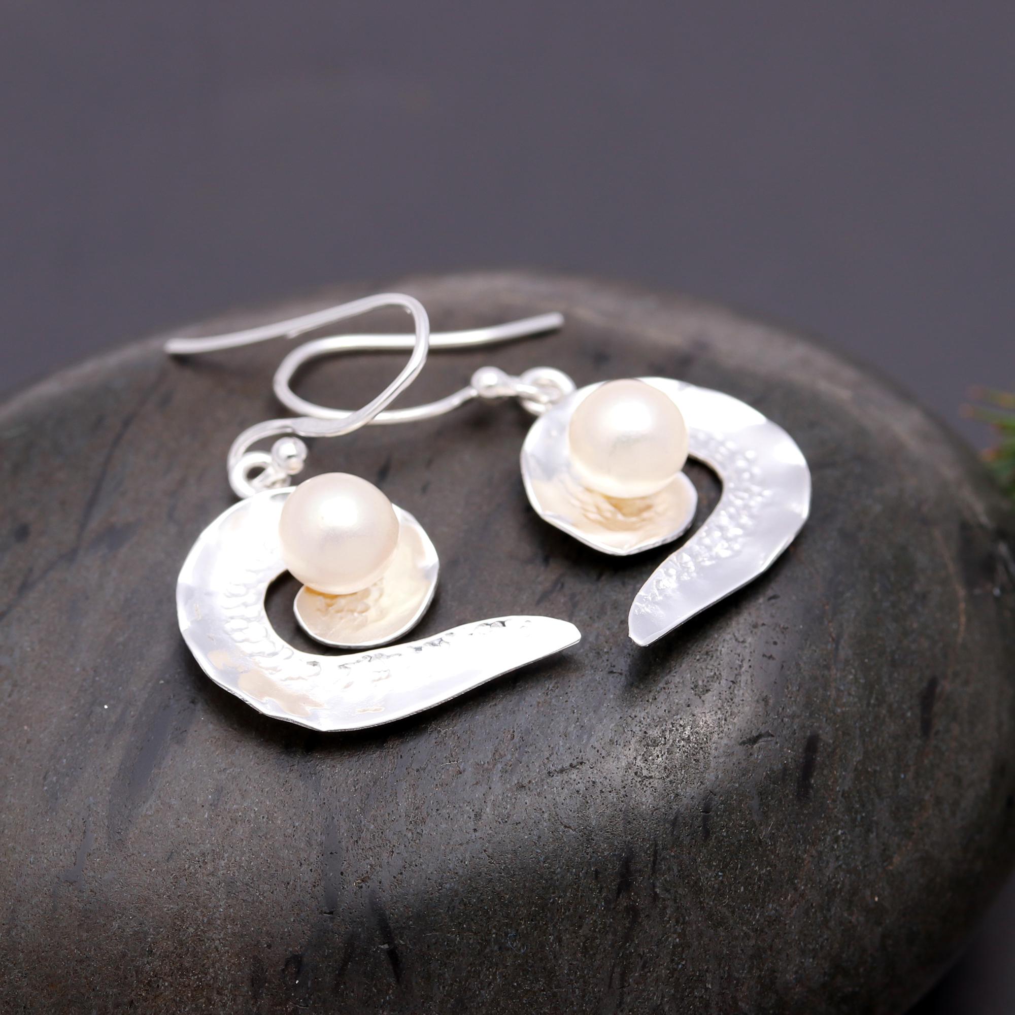 925 Silver Hammered Spiral Pearl Dangle Earrings