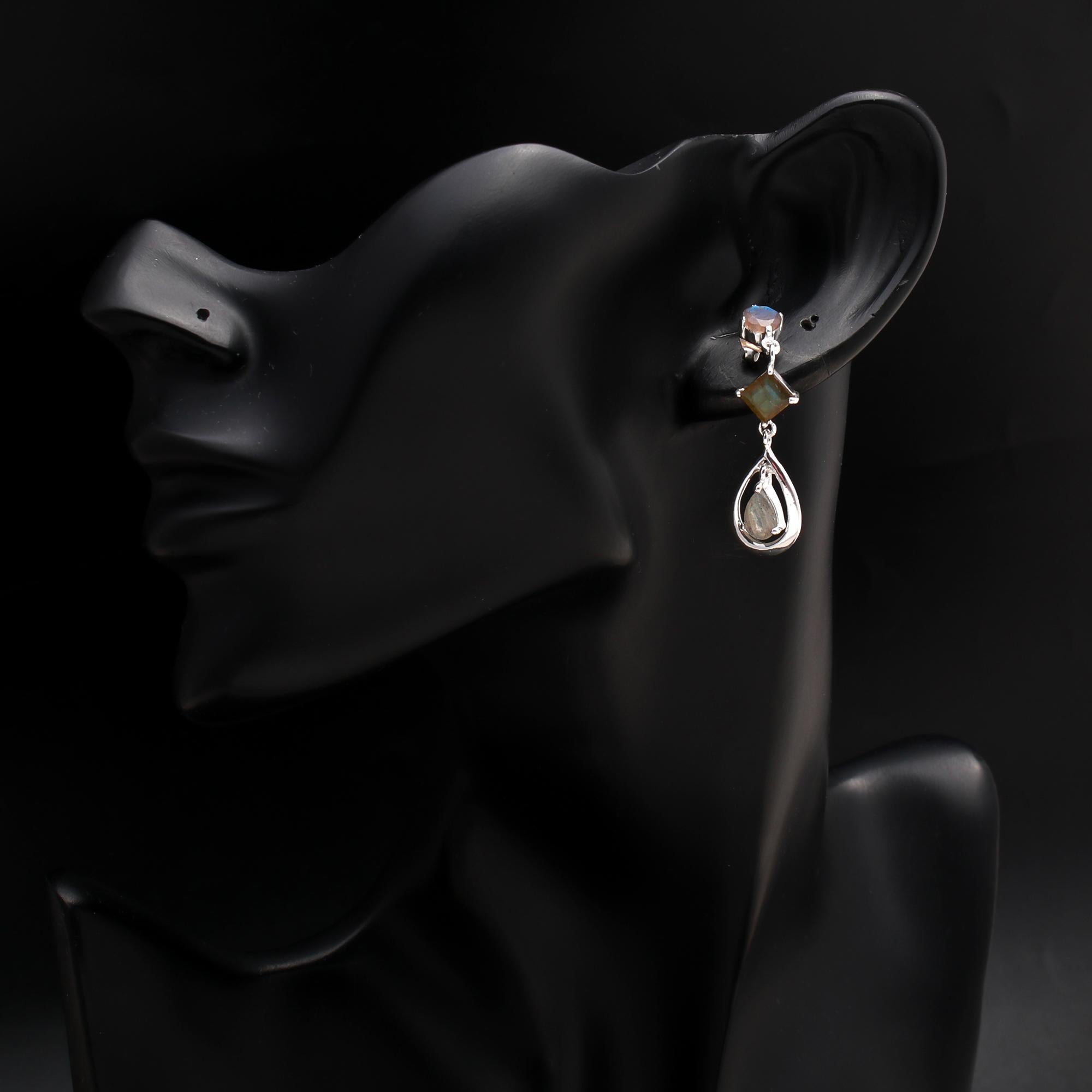 925 Silver Labradorite Multi-Stone Drop Earrings