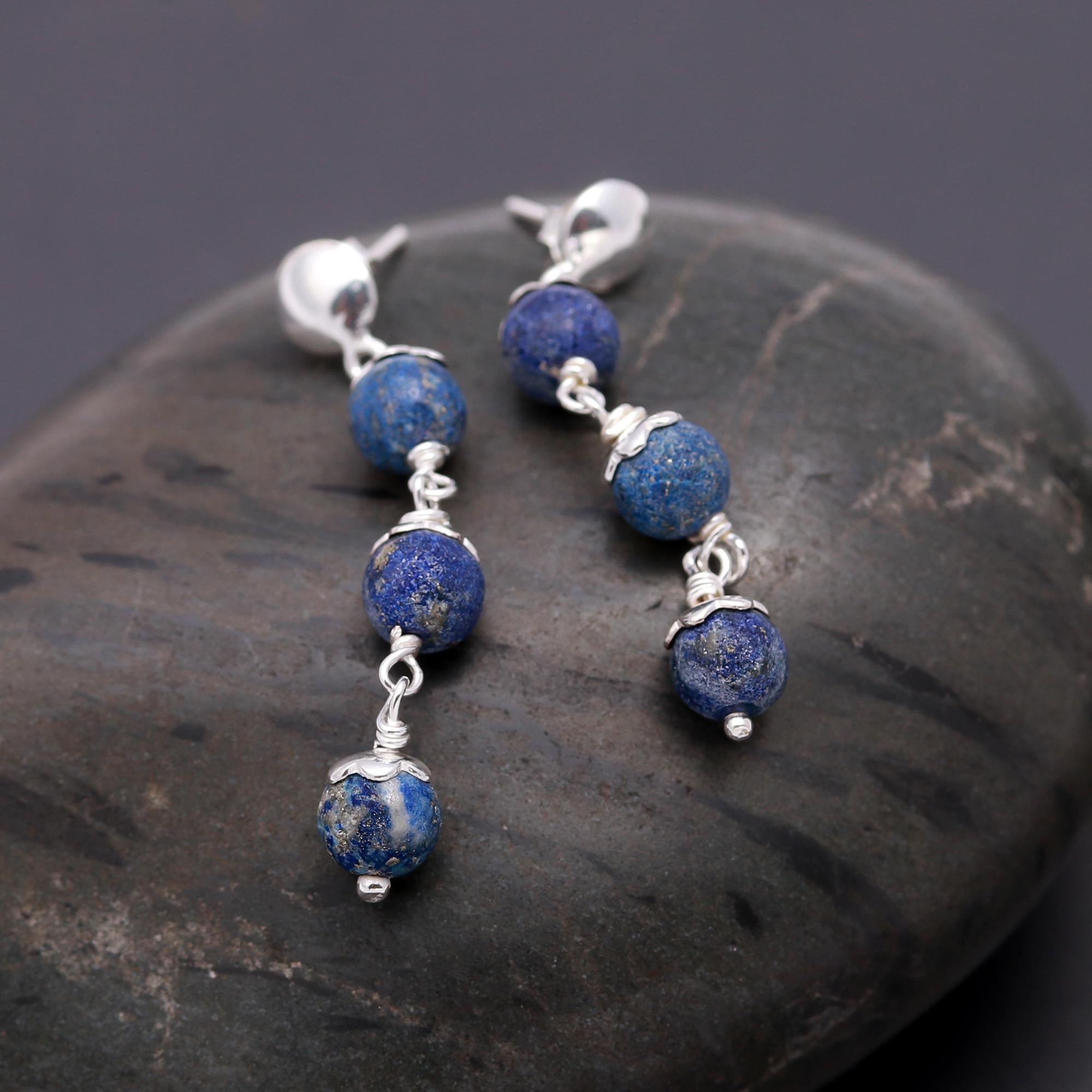925 Silver Lapis Lazuli Beaded Drop Earrings