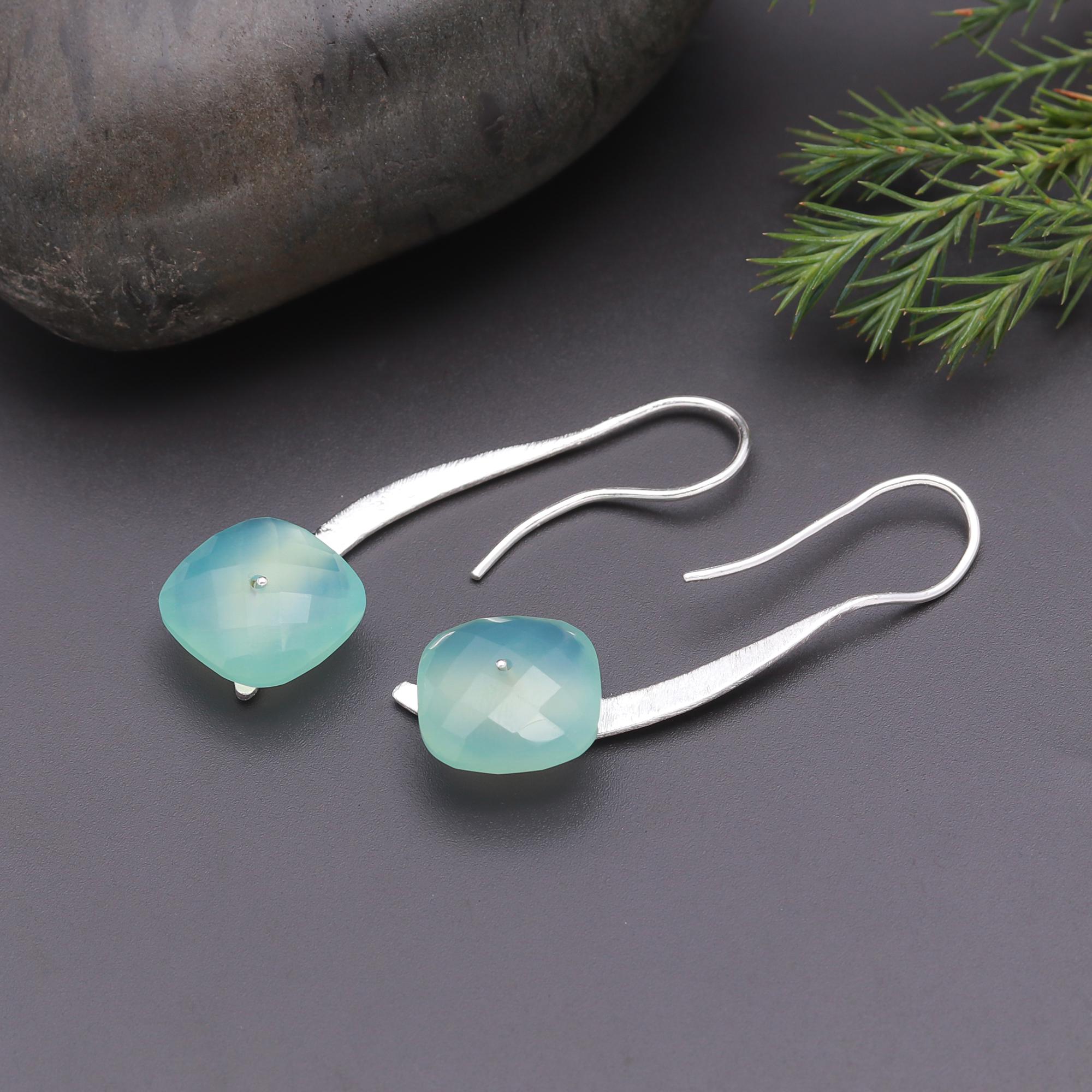 925 Silver Long Green Chalcedony Drop Earrings