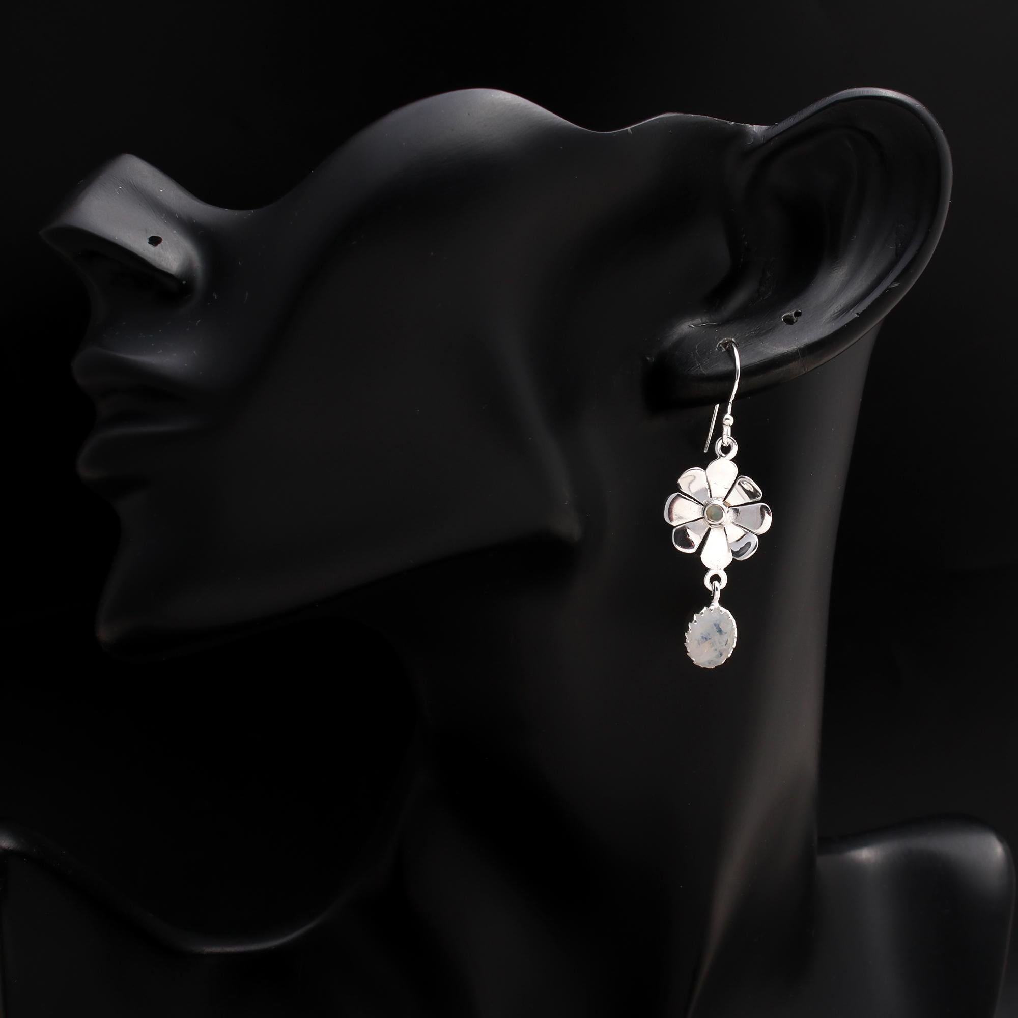 925 Silver Moonstone Floral Dangle Earrings