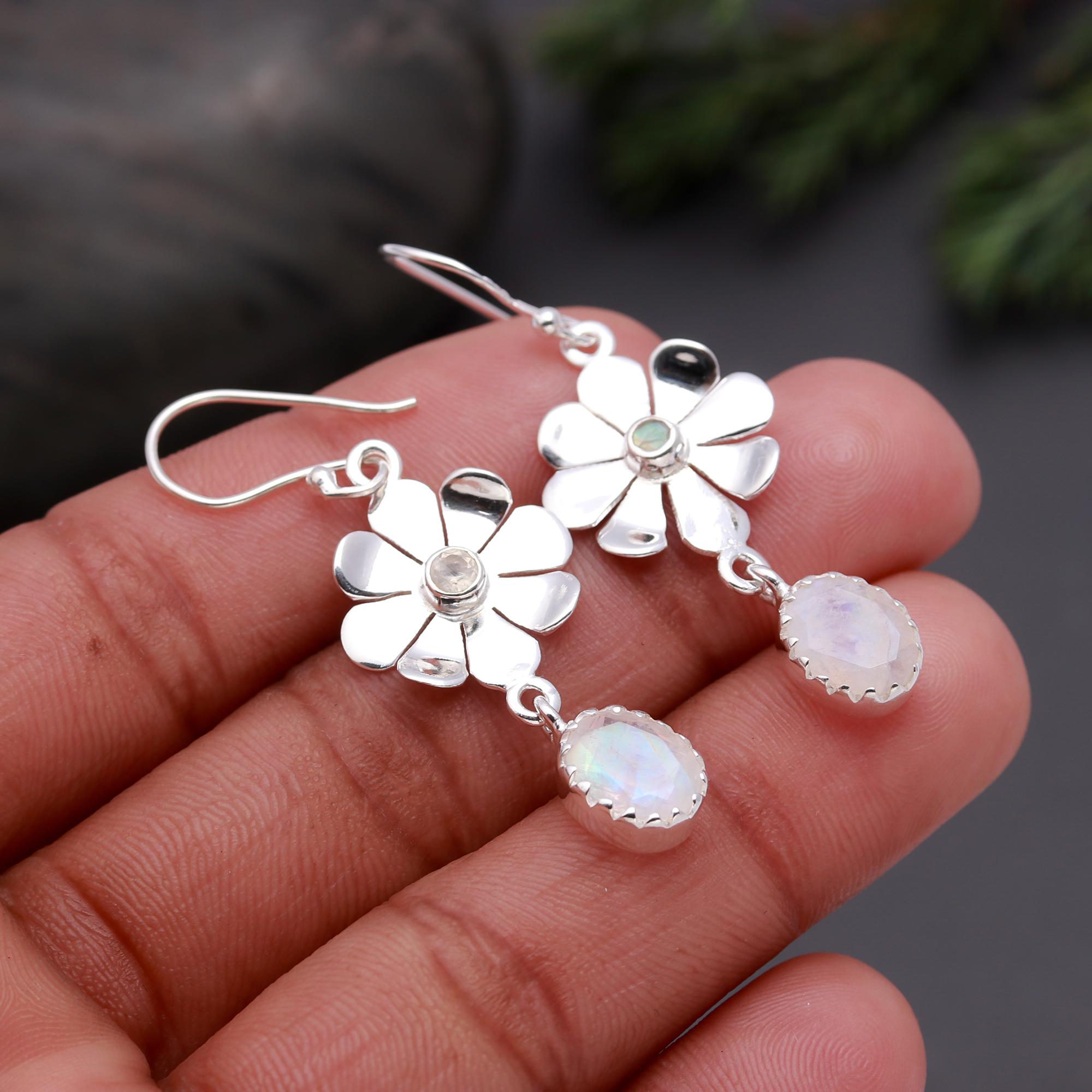 925 Silver Moonstone Floral Dangle Earrings