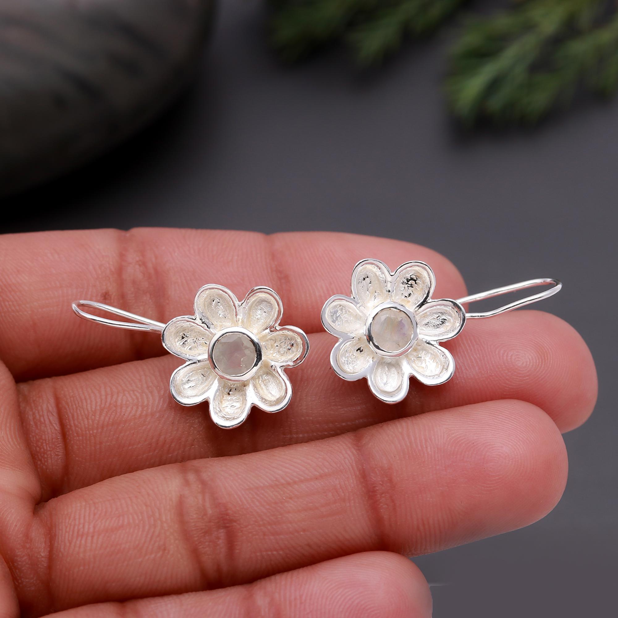 925 Silver Moonstone Flower Dangle Earrings