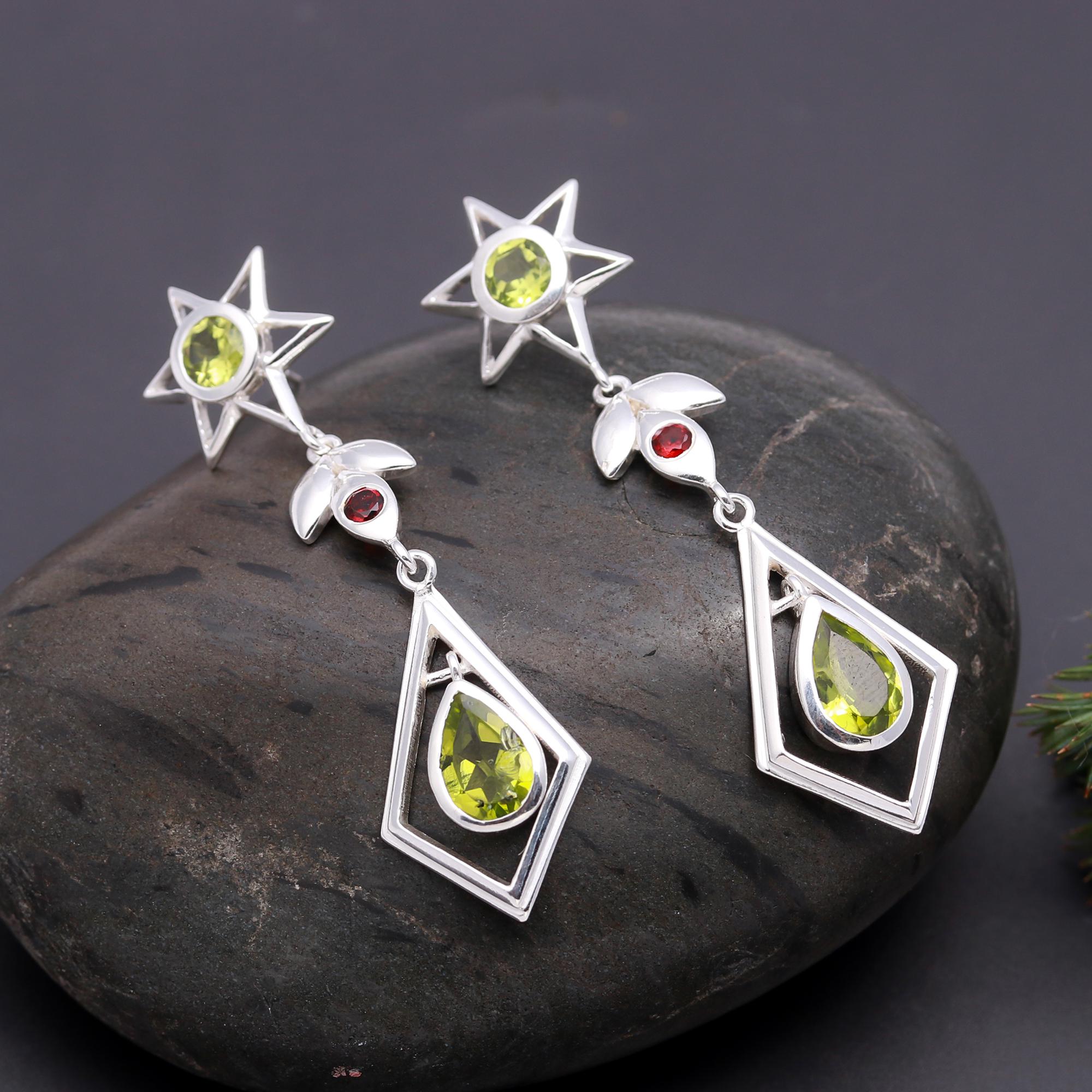 925 Silver Peridot and Garnet Star Drop Earrings