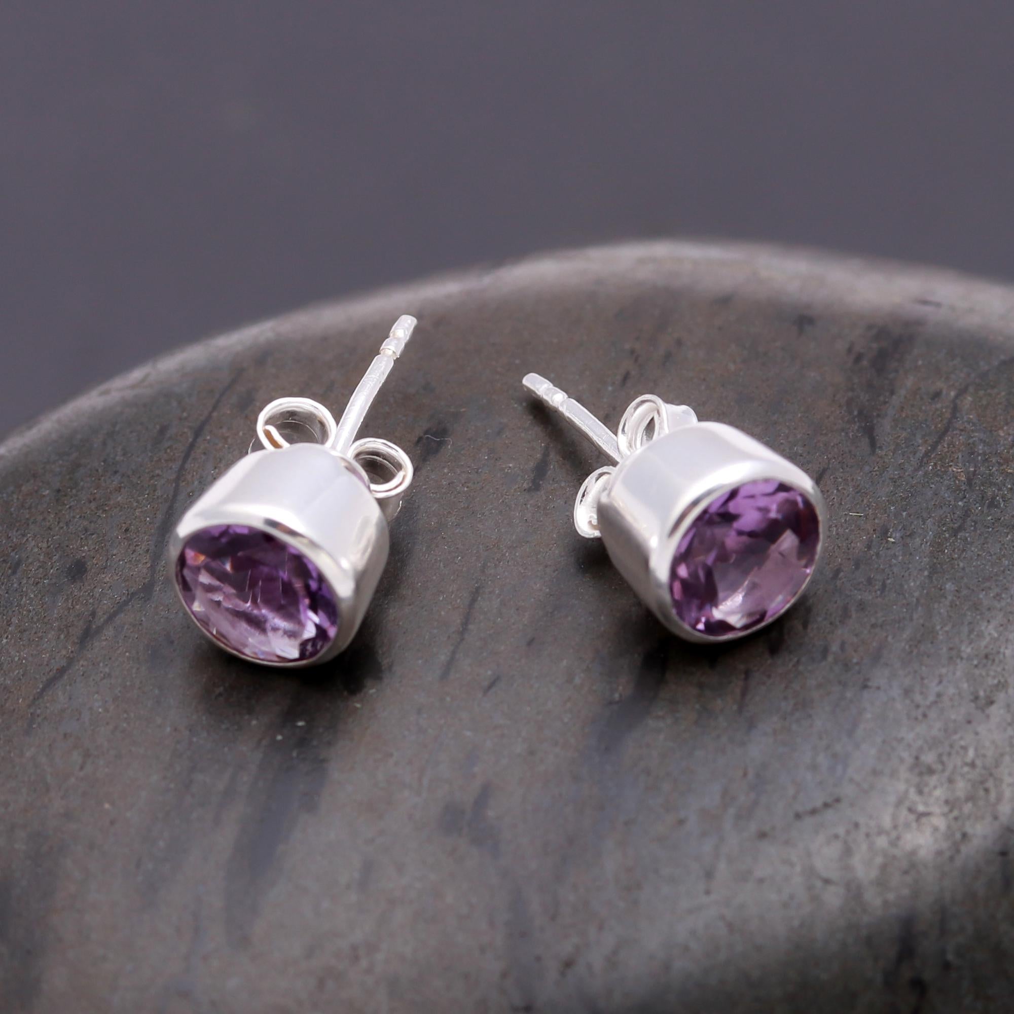 925 Silver Round Amethyst Stud Earrings