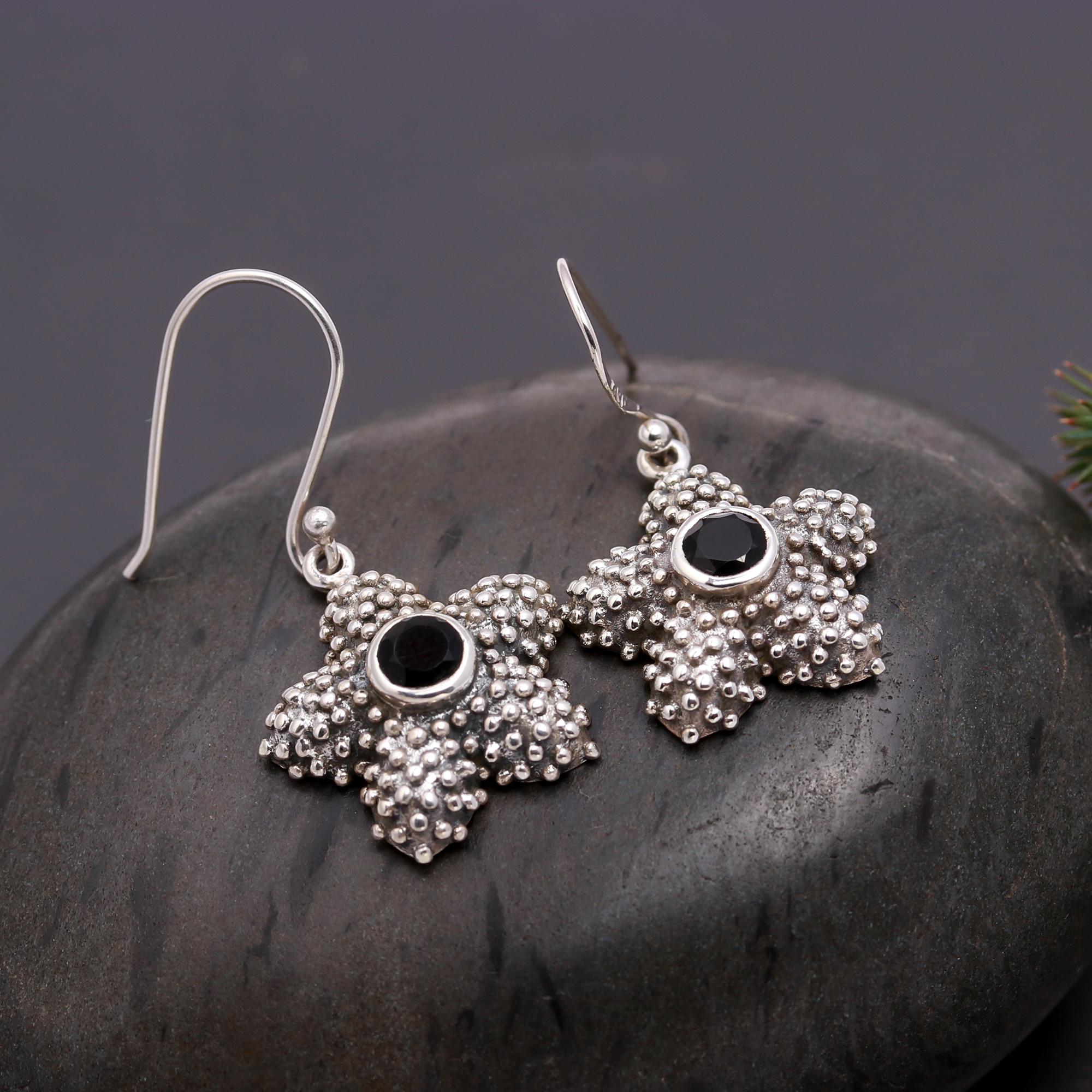 925 Silver Starfish Black Onyx Dangle Earrings