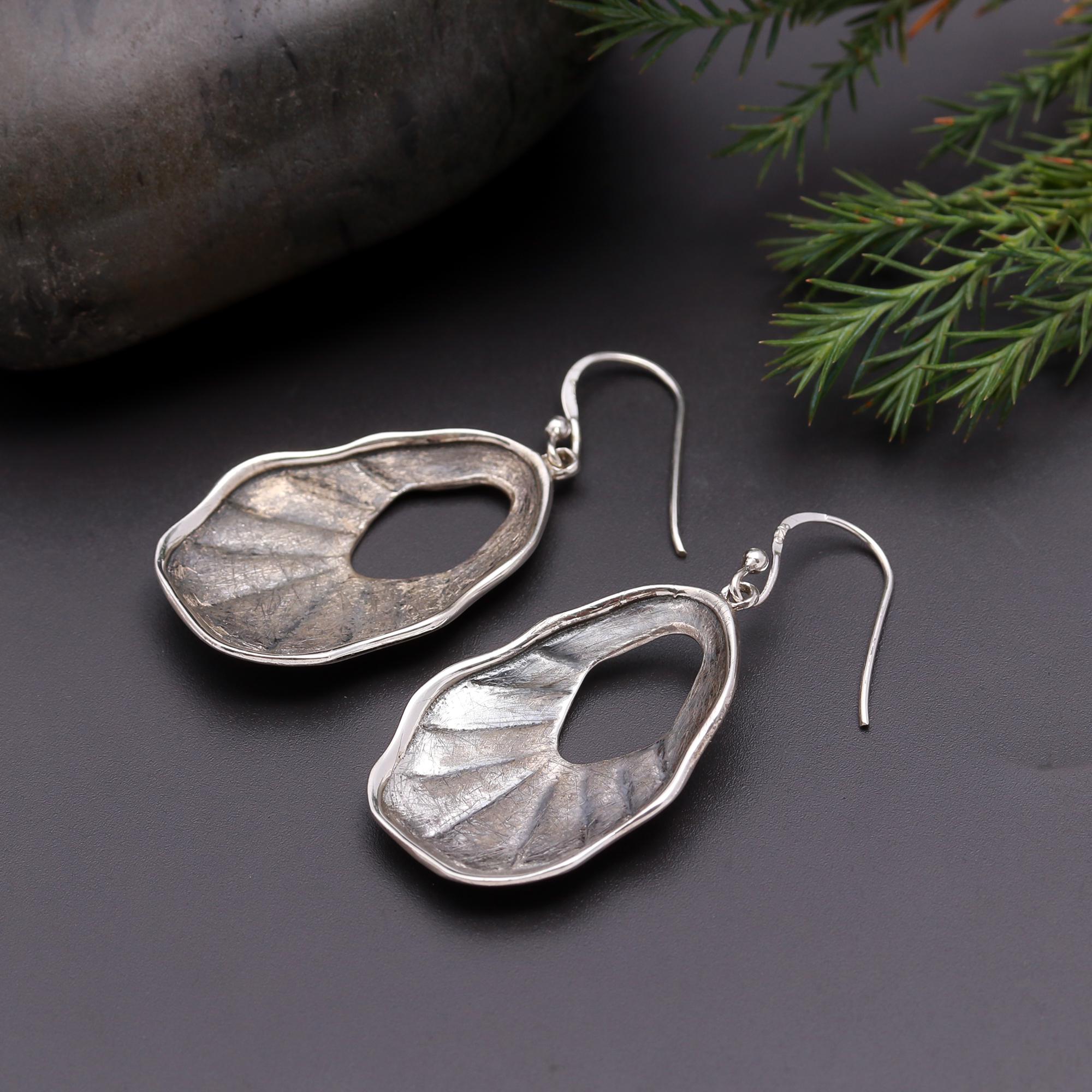925 Silver Textured Hollow Drop Dangle Earrings