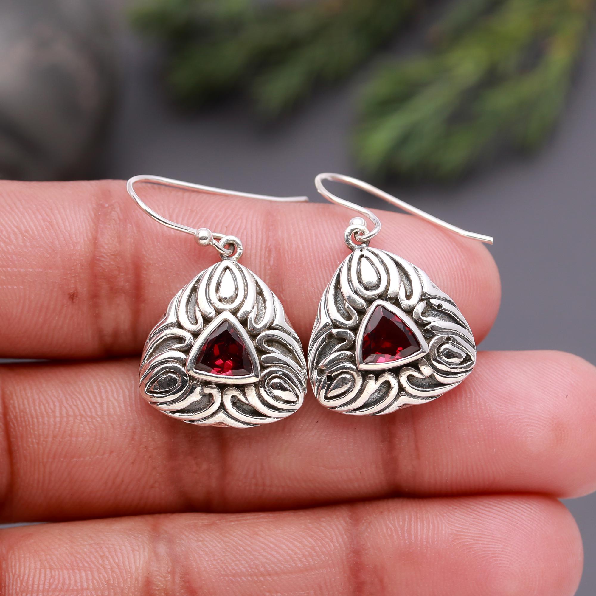 925 Silver Triangle Garnet Dangle Earrings