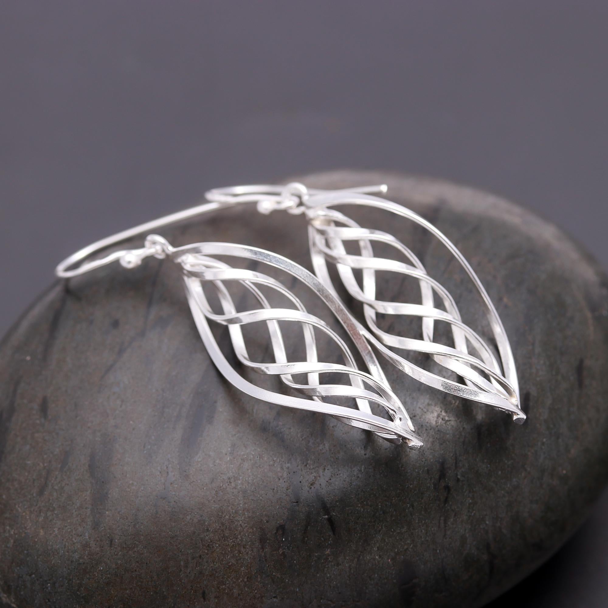925 Silver Twisted Leaf Dangle Earrings