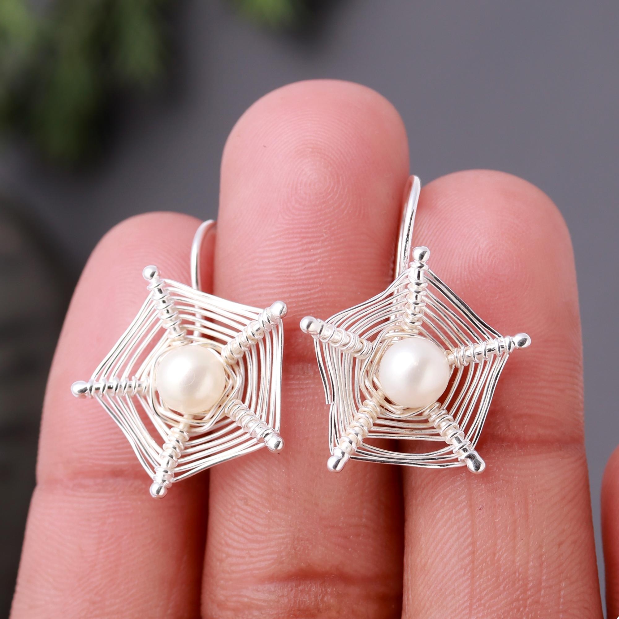 925 Silver Wire Wrapped Star Pearl Dangle Earrings