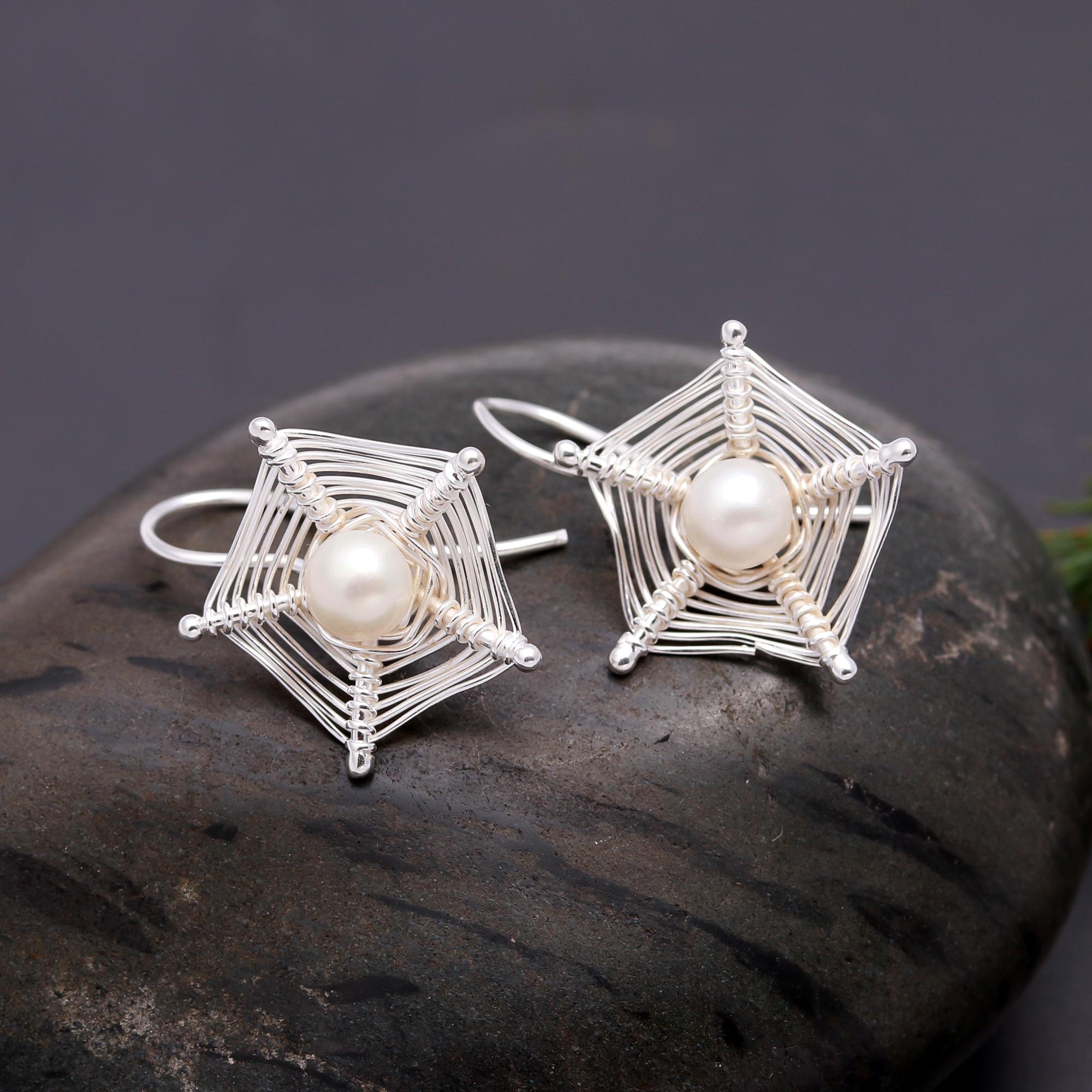 925 Silver Wire Wrapped Star Pearl Dangle Earrings