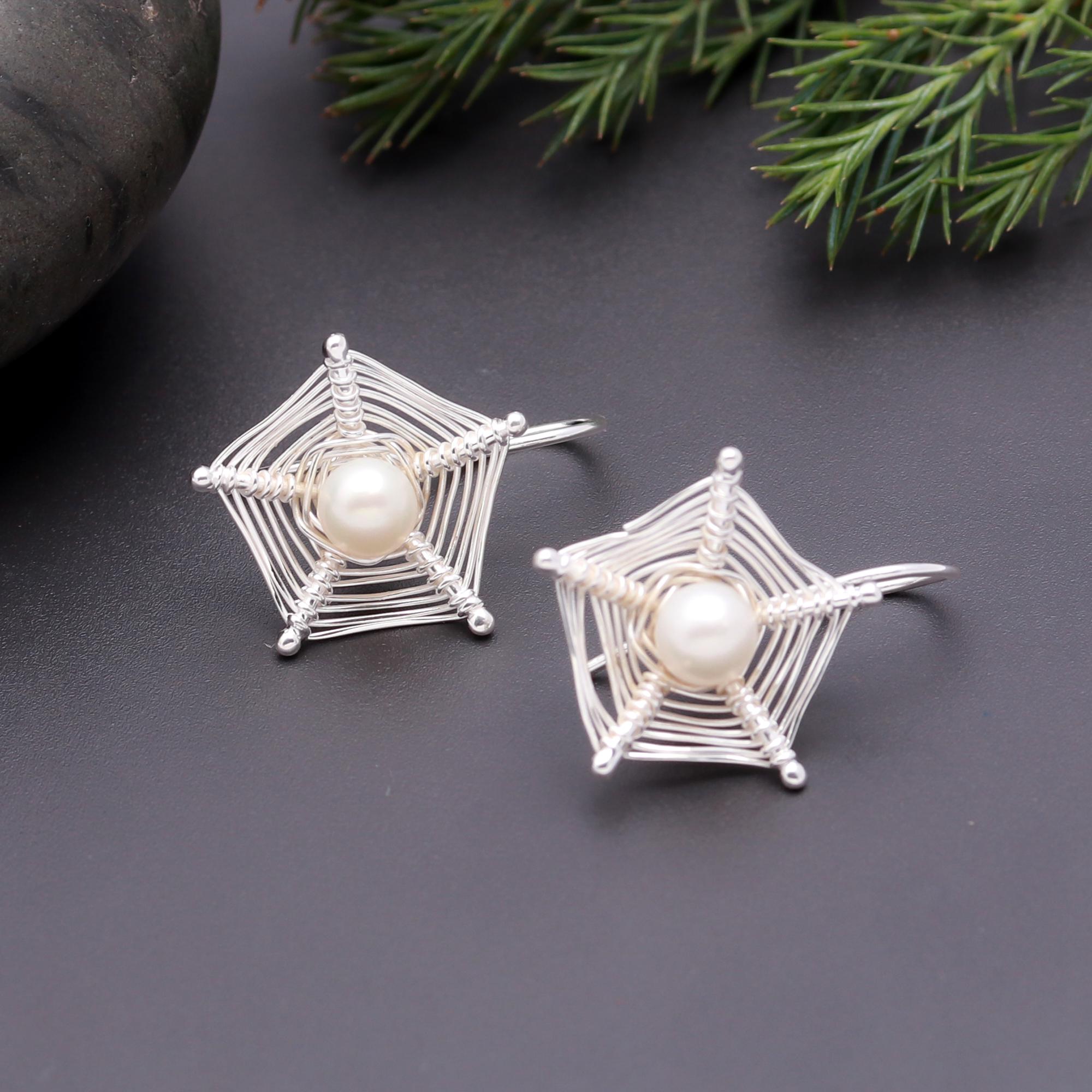 925 Silver Wire Wrapped Star Pearl Dangle Earrings