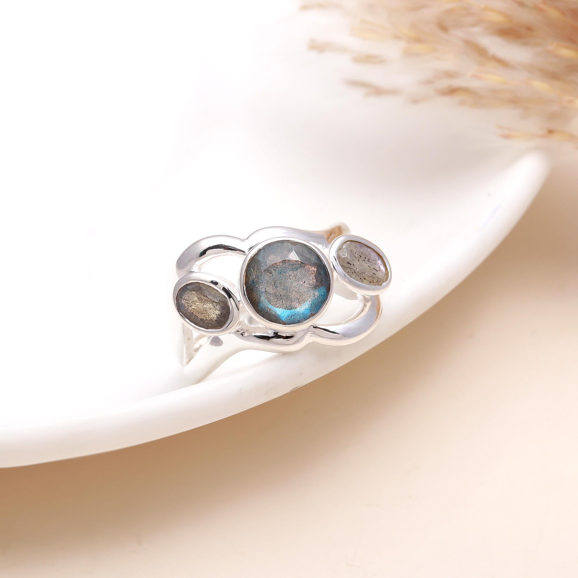 925 Silver Multi Labradorite Stone Designer Ring front view