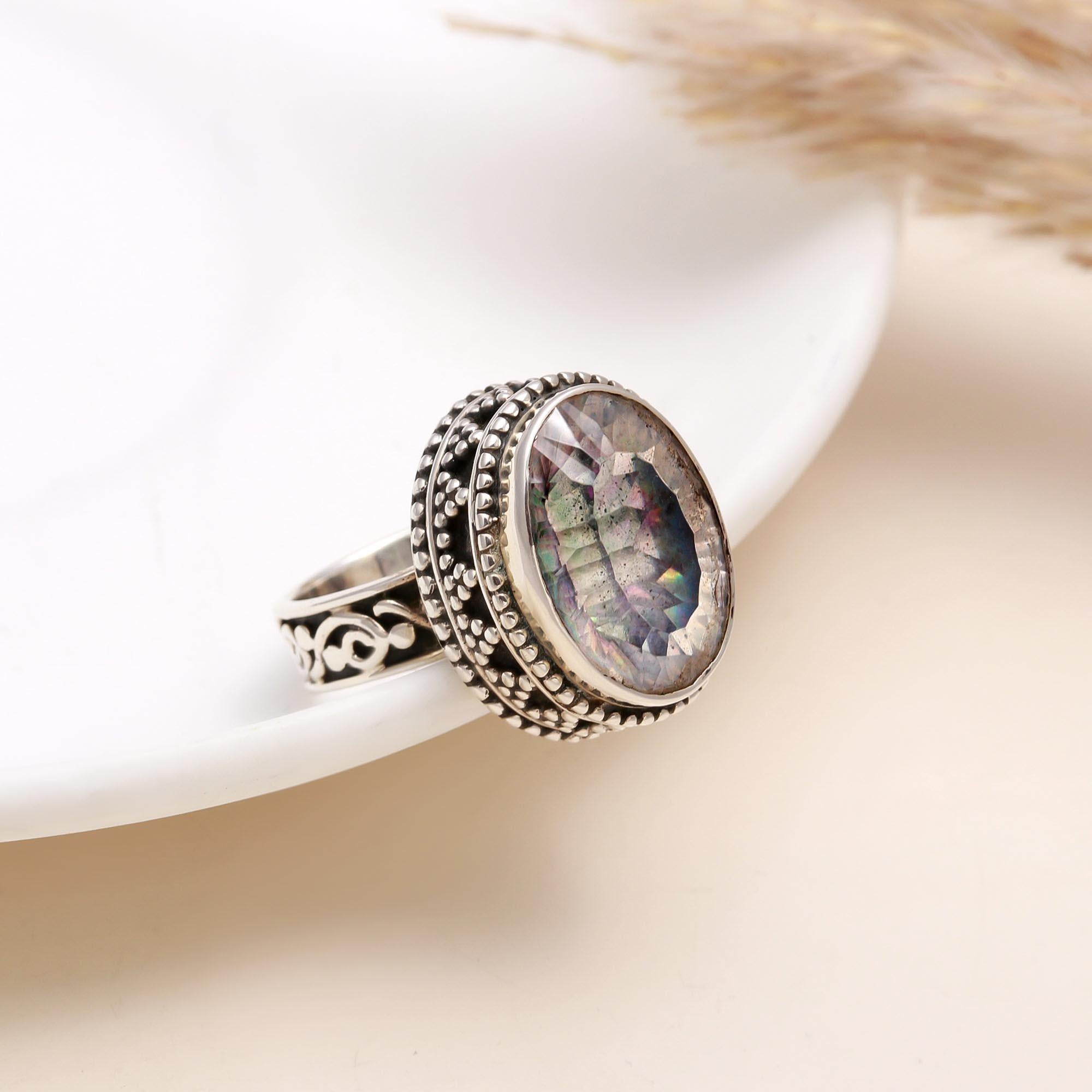 925 Silver Oval Mystic Quartz Vintage Style Ring