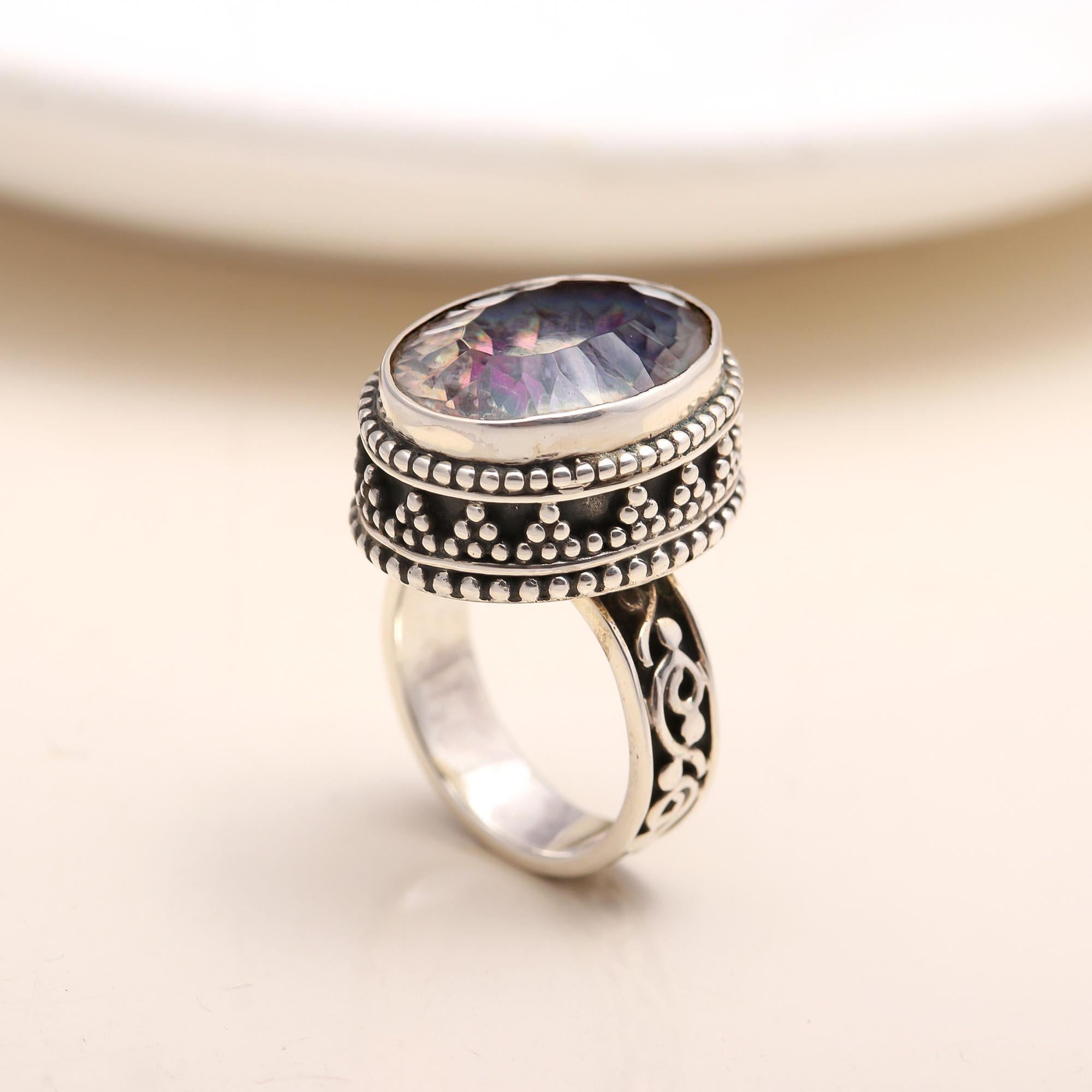 Oval Mystic Quartz Ring Vintage Design