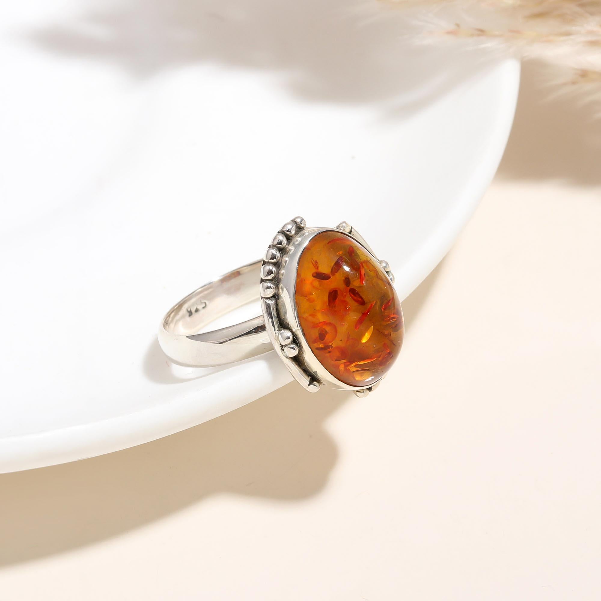 925 Silver Oval Amber Ring with Decorative Beaded Frame