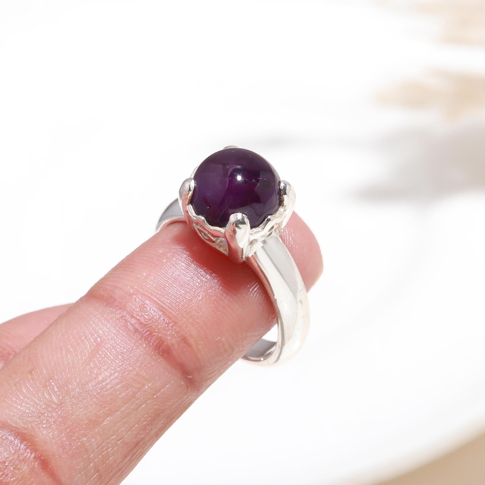 The Violet Coronet: Amethyst Cabochon Silver Crown Ring