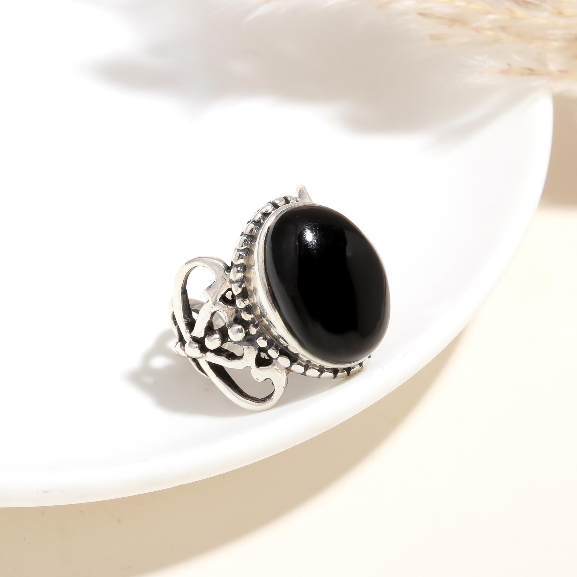 The Night Scroll: Black Onyx Silver Filigree Ring