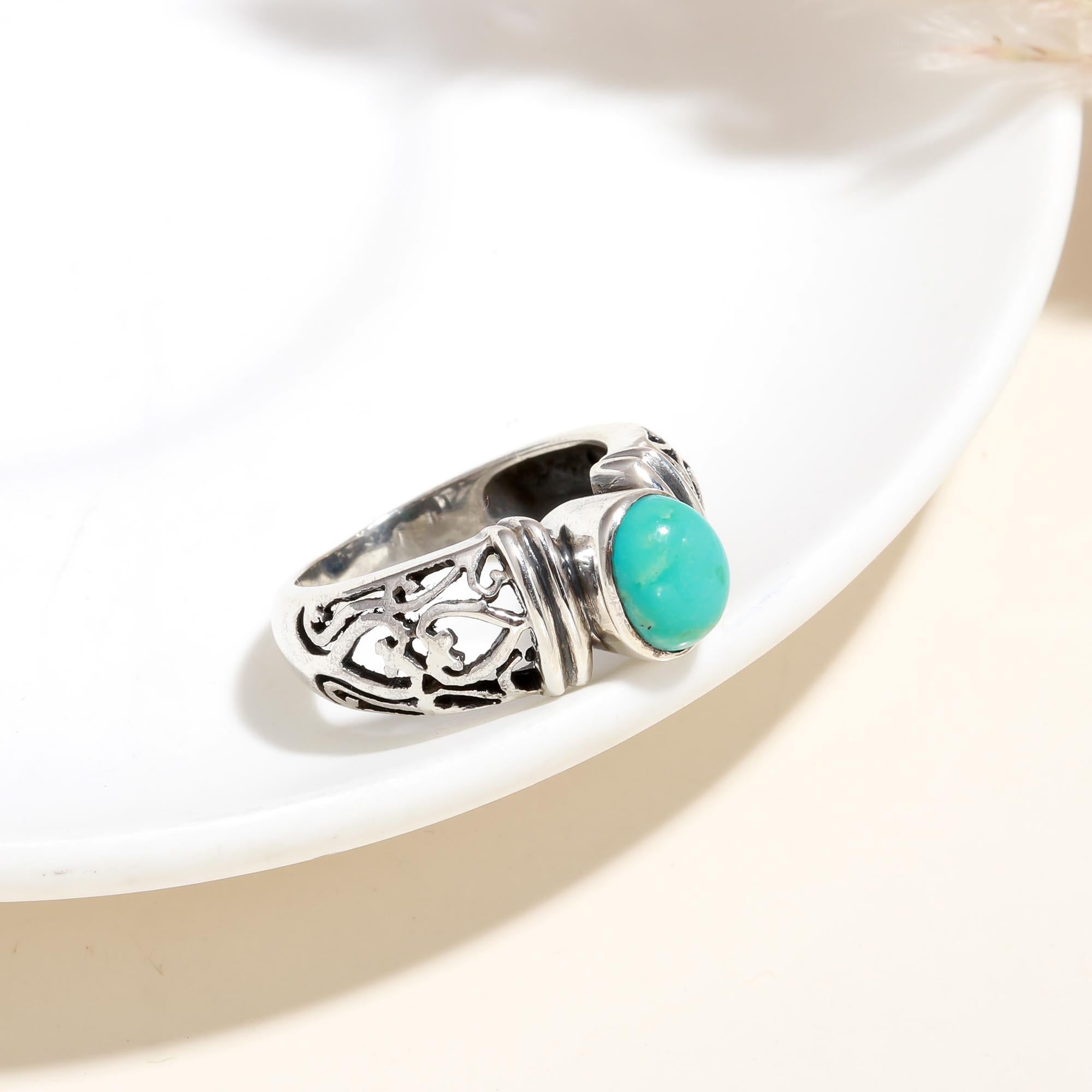 The Azure Scroll: Turquoise Cabochon & Silver Filigree Ring
