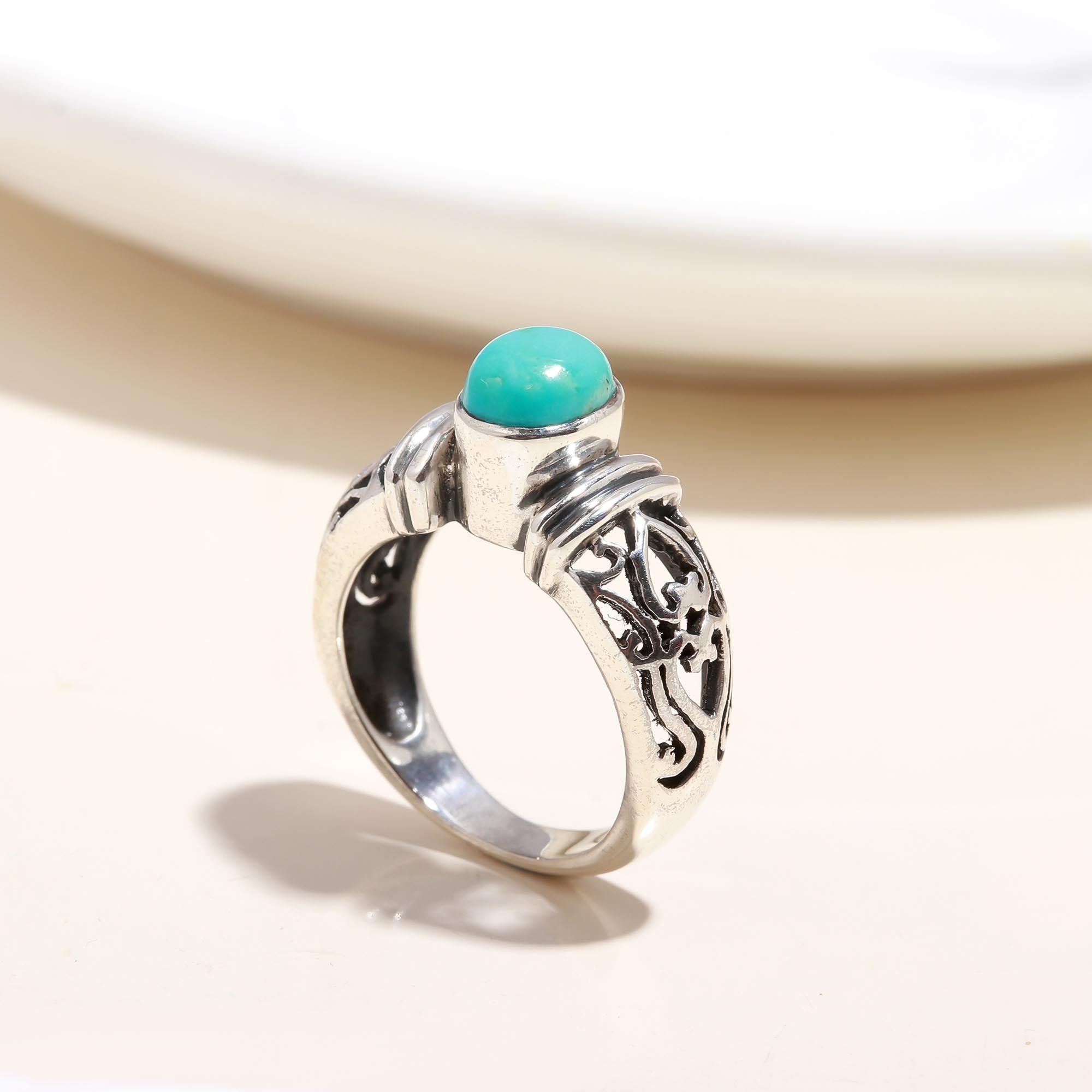 The Azure Scroll: Turquoise Cabochon & Silver Filigree Ring